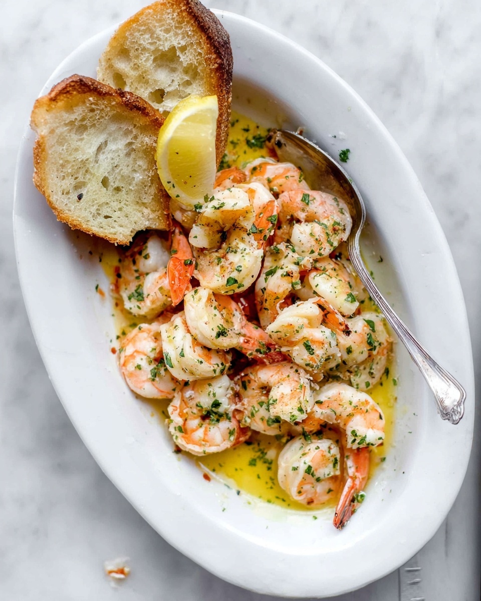 The dish is served in a white oval bowl placed on a white marbled surface. Inside, there is a generous layer of shrimp cooked to a light pink and white color, garnished with finely chopped green herbs. The shrimp are resting in a pool of yellowish broth or butter sauce that shines under the light. On one side of the bowl, there are two pieces of white bread toasted to golden brown, one piece leaning on the shrimp. A lemon wedge with a rind is placed near the bread pieces. A silver spoon sits inside the bowl, partially submerged in the sauce and shrimp, with some shrimp resting on it. Tiny droplets of sauce and herbs scatter slightly around the bowl on the marbled surface. Photo taken with an iphone --ar 4:5 --v 7