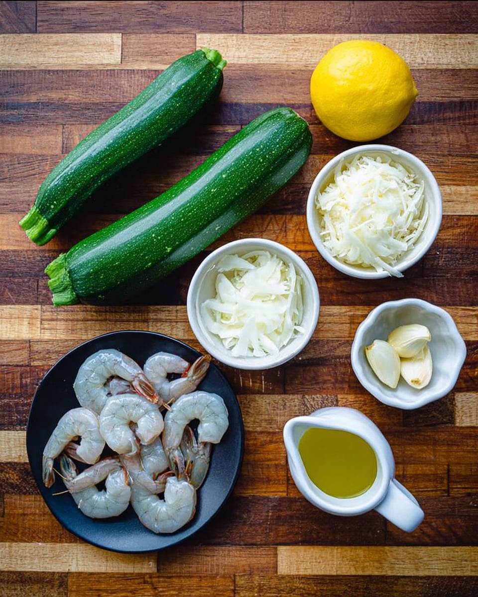 The image shows six ingredients on a wooden surface. There are two whole green zucchinis placed horizontally on the upper left side. Below them, there is a whole yellow lemon. To the right of the zucchinis and lemon, there is a small white bowl filled with thick white cheese shavings. Below it, there is a tiny white bowl with peeled garlic cloves. Next to it, at the bottom right, there is a small white jug with yellow olive oil inside. Below the zucchinis and lemon, on the left side, there is a small black plate holding raw shrimp arranged with their tails pointing outwards. The background is a wooden cutting board with different shades of brown. photo taken with an iphone --ar 4:5 --v 7