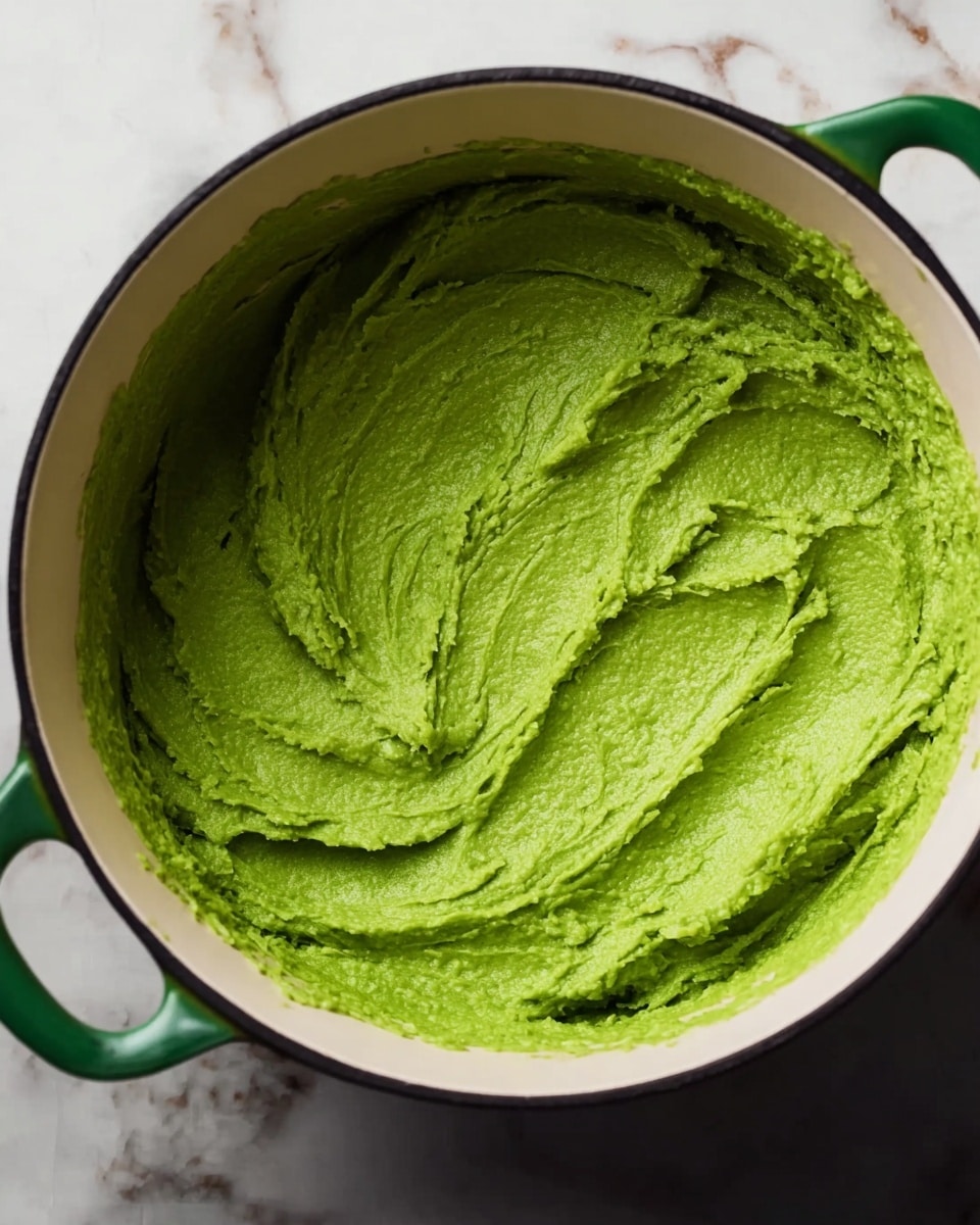 The image shows a white cooking pot with green handles on a black surface, filled with a thick, smooth, bright green paste spread unevenly inside. The texture of the paste looks creamy with some ridges and swirls, showing where it has been stirred or scraped. The pot is the main focus of the image with a white marbled background partially visible next to it. photo taken with an iphone --ar 4:5 --v 7
