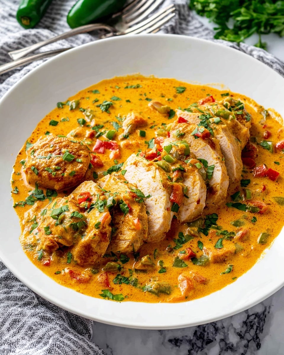 A white plate filled with creamy orange sauce with small chunks of red and green vegetables mixed in. On top, there are six slices of cooked chicken arranged slightly overlapping on the right side, each slice coated with the sauce. To the left of the slices, there is a small round piece of chicken covered in the sauce. Bright green chopped herbs are sprinkled over the sauce and chicken. The plate is set on a white marbled surface with a grey and white striped cloth underneath, and green peppers and a metal fork blurred in the background. photo taken with an iphone --ar 4:5 --v 7