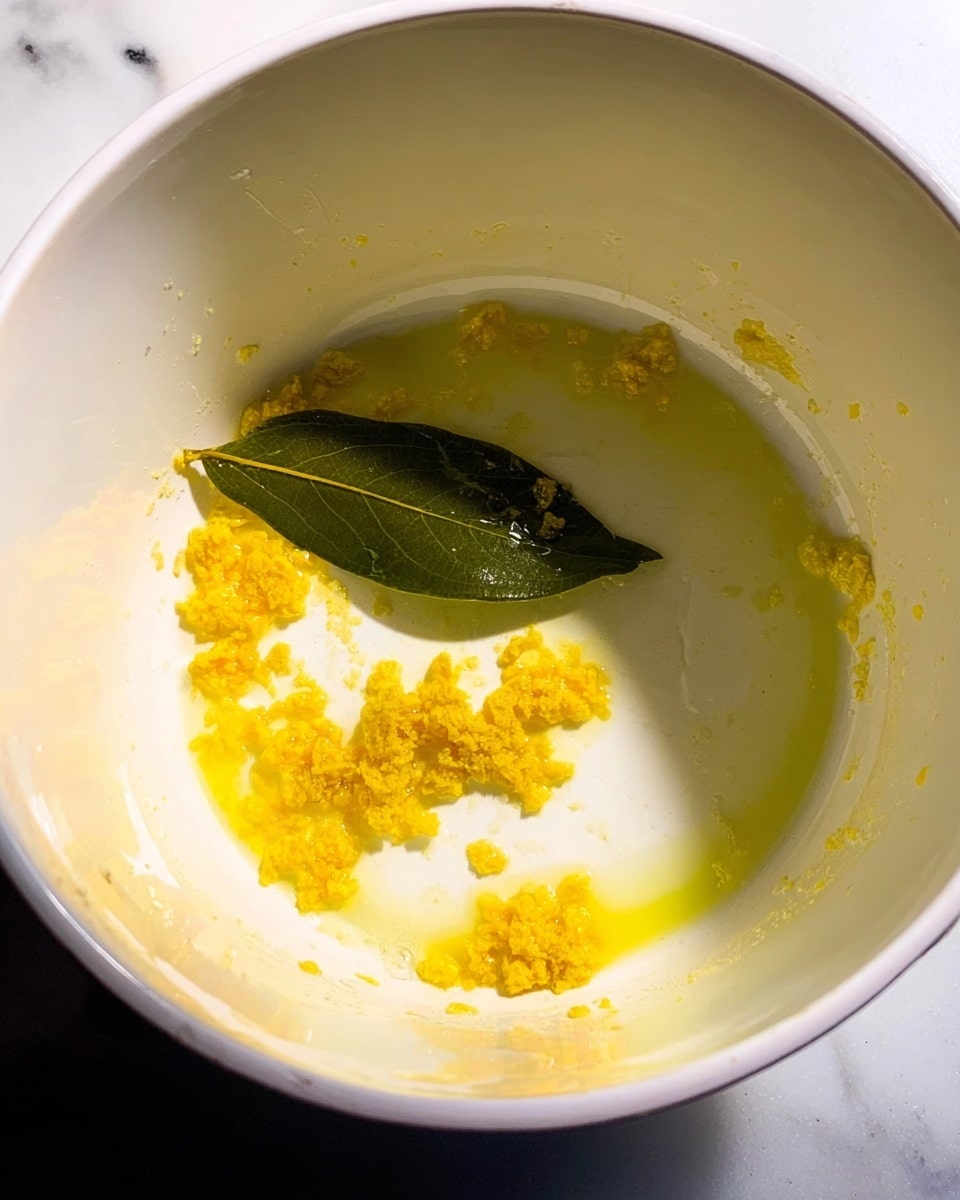 Inside a white pot, there is a thin layer of yellow oil with small, soft, yellowish bits scattered around, mostly gathered towards the center and right side. A single green leaf lies on top of the yellow bits, adding a contrasting color. The pot's interior is clean and smooth, with the light reflecting softly on the surface. The background is a white marbled texture. photo taken with an iphone --ar 4:5 --v 7