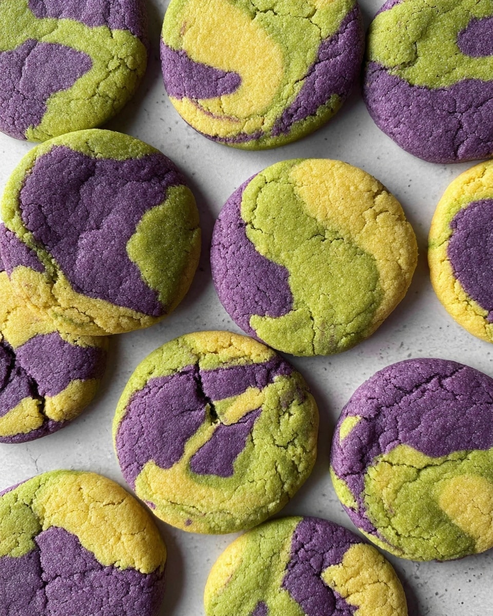 The image shows a group of round, flat cookies arranged closely together on a white marbled surface. Each cookie has two colors swirled together in an uneven pattern: a bright yellow-green and a deep purple. The cookie textures look slightly cracked on the surface, giving a soft, crumbly appearance. The colors cover different parts of each cookie, blending and overlapping to create a marbled effect with no set pattern. The overall look is vibrant and artistic, with the contrast between the yellow-green and purple standing out clearly. photo taken with an iphone --ar 4:5 --v 7