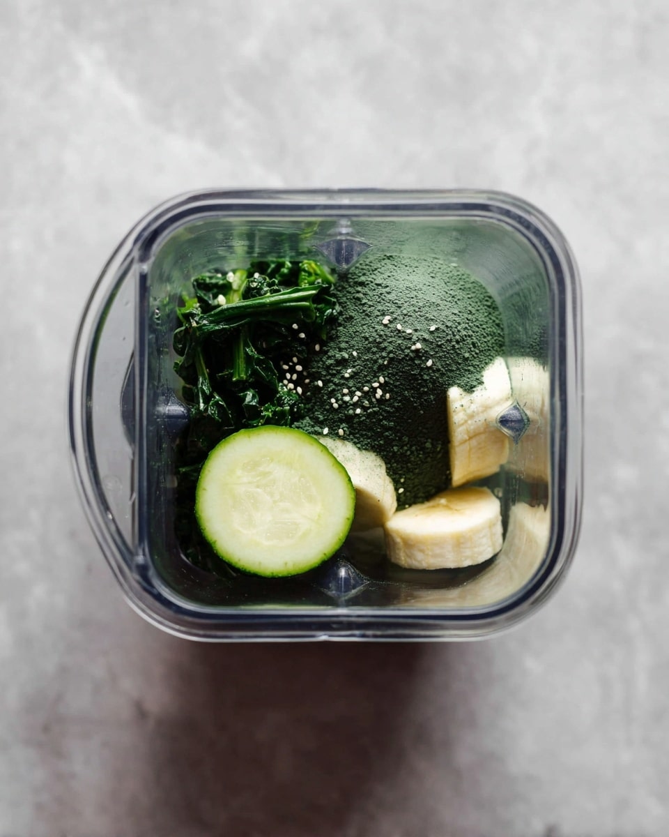 The image shows a clear blender container with layers of ingredients inside, placed on a white marbled surface. The bottom layer consists of dark green leafy vegetables arranged to one side, adding a fresh and textured look. Above and to the side, there are thick slices of banana with a pale yellow color and soft texture. On top of the leafy greens, there is a dark green powdery layer, likely spirulina or a similar green supplement. Finally, resting on the powder is a thick round slice of cucumber, light green with a firm texture, sprinkled with small white seeds. photo taken with an iphone --ar 4:5 --v 7