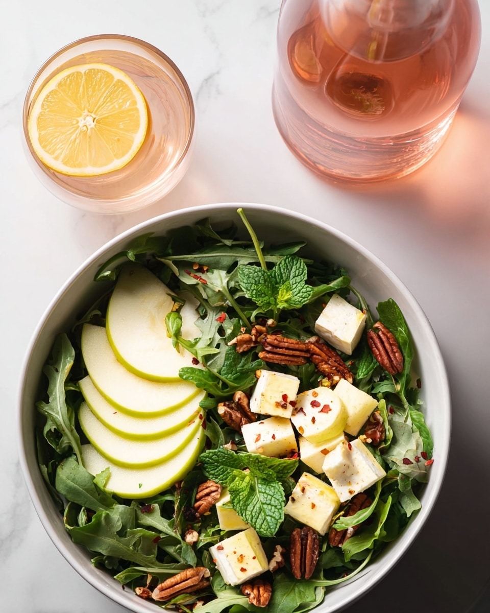 A white bowl filled with a fresh salad, layered first with dark green arugula leaves, followed by thin slices of green apple arranged on top. Cubes of light yellow cheese are scattered evenly among pecan nuts and fresh green mint leaves, with small red chili flakes sprinkled across the top. A wedge of lemon with a bright yellow peel sits on one side of the bowl. Next to the bowl is a clear glass with light pink liquid and a matching bottle. The setting is on a white marbled surface. Photo taken with an iphone --ar 4:5 --v 7