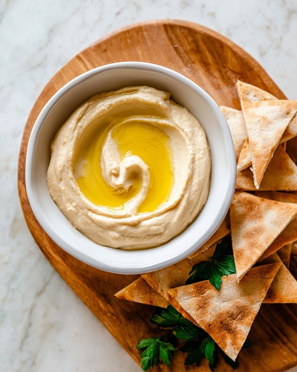 A white bowl filled with smooth beige hummus topped with swirls of golden olive oil, placed on a wooden board. Around the bowl are several triangle-shaped pita bread pieces with a slightly toasted, light brown color. A small sprig of green parsley is partly visible beside the pita on the wooden board. The background is a white marbled surface. Photo taken with an iphone --ar 4:5 --v 7