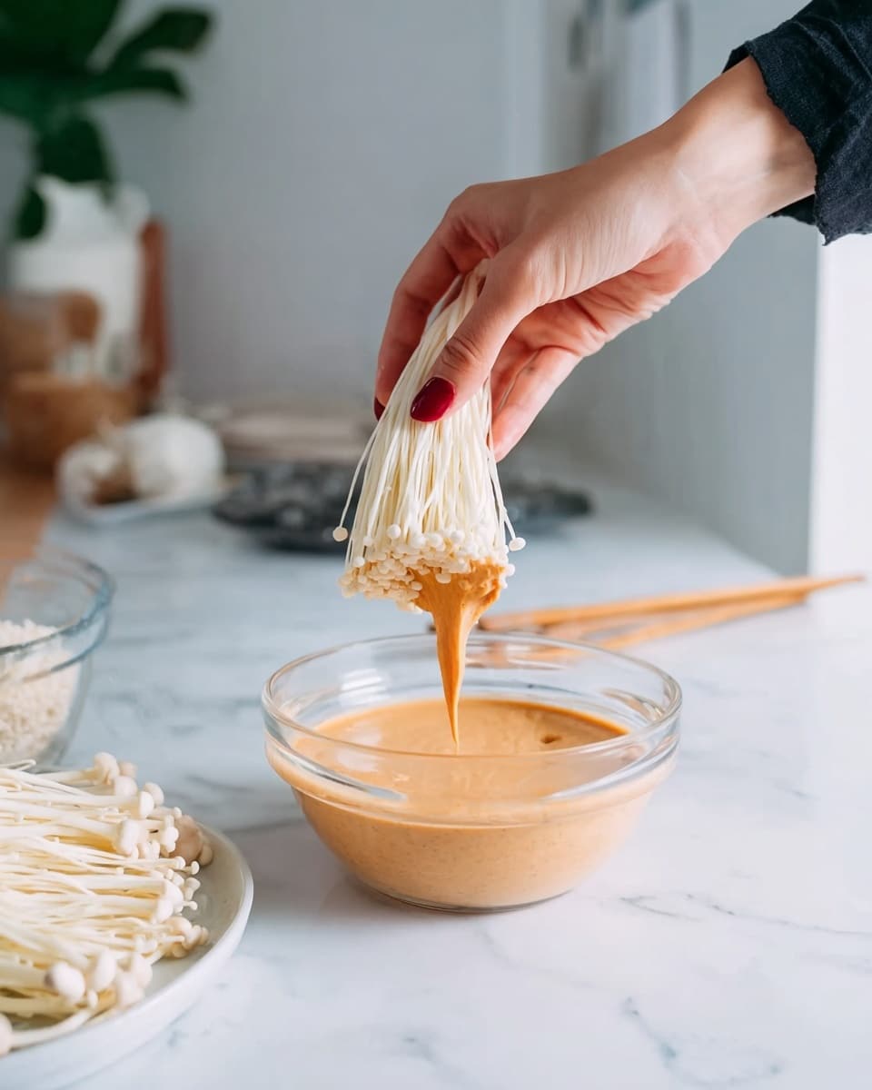 A woman's hand with dark red nail polish is dipping a pale beige cluster of enoki mushrooms into a clear glass bowl filled with a smooth, light orange-brown sauce. The cluster has a thin, creamy coating that drips slightly back into the bowl. In the background, there is a white plate on a white marbled surface, holding more enoki mushrooms and chopsticks resting on the plate's edge. The overall setting has a clean, bright kitchen feel with soft natural light. Photo taken with an iphone --ar 4:5 --v 7