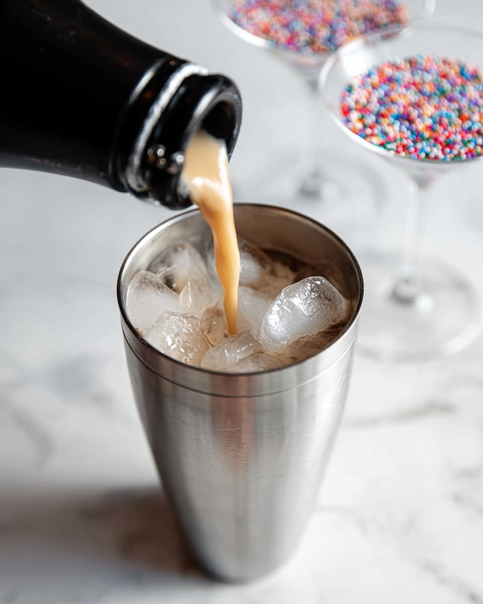 A close-up image showing a light brown liquid being poured from a black bottle into a tall, silver metal cup filled with ice cubes, set on a white marbled surface with two blurred glasses in the background rimmed with colorful sprinkles. photo taken with an iphone --ar 4:5 --v 7
