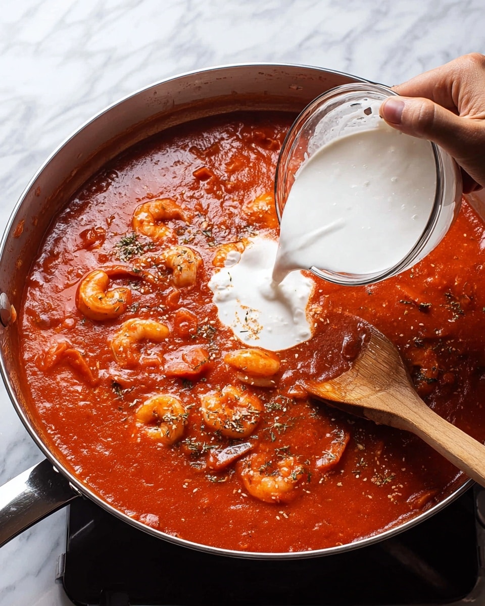 A close-up image shows a large metal pan filled with a thick red tomato sauce with visible herbs and several orange shrimp submerged in the sauce. A woman's hand holding a small white bowl is pouring a layer of white cream into the center of the pan, mixing into the red sauce. A wooden spoon rests on the right edge of the pan, partially covered in sauce. The pan is placed on a surface with white marbled texture. Photo taken with an iphone --ar 4:5 --v 7