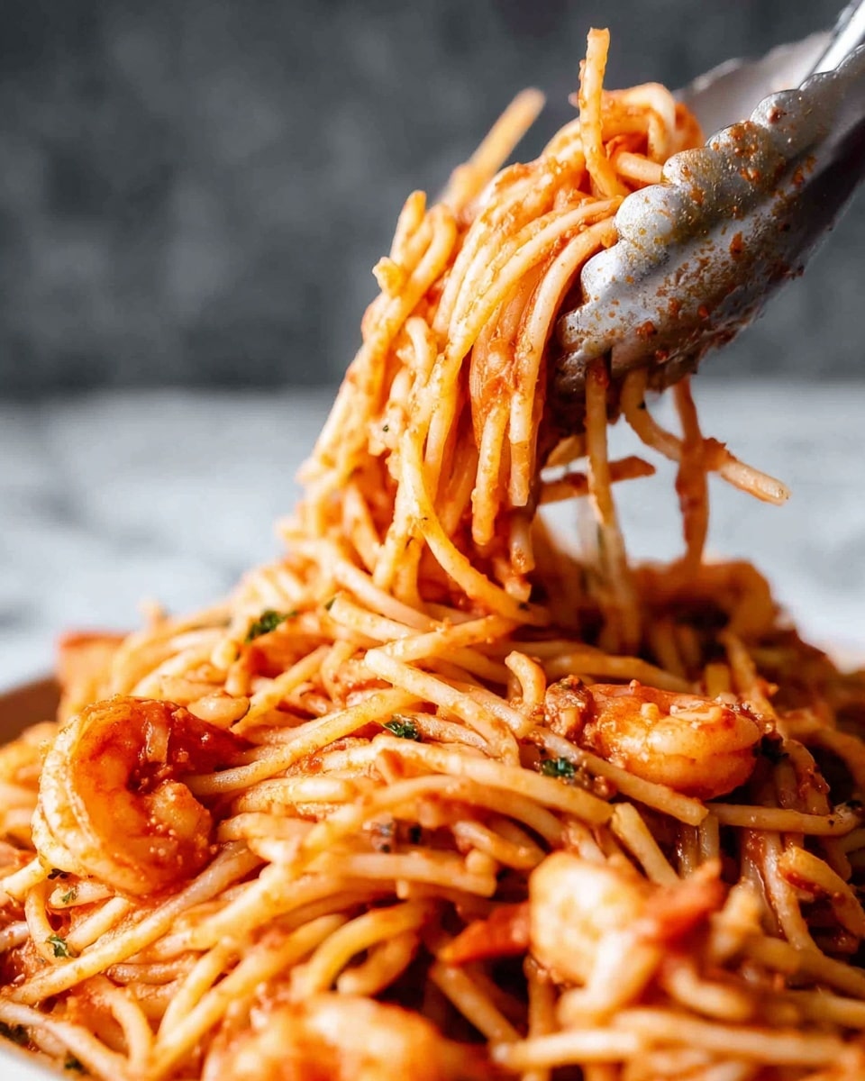 A close-up view of a pile of spaghetti mixed with a reddish-orange sauce and pieces of shrimp. The sauce coats the long, thin pasta strands giving them a soft texture and warm color. Several cooked shrimp are scattered throughout, showing a pinkish-orange hue with a slight char, adding a bit of roughness to the smooth pasta. A metallic tong is lifting a bunch of pasta strands, with some sauce stuck to the tong, showing shine and texture. The background is softly blurred in a dark gray shade, and the whole dish sits on a white marbled surface. photo taken with an iphone --ar 4:5 --v 7