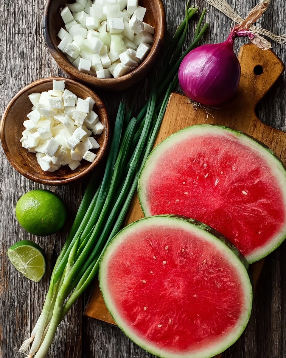 The image shows a wooden surface with fresh ingredients arranged neatly: two large watermelon slices with bright red flesh and green rind placed side by side at the bottom, a bunch of green onions with long green stalks near the center, a wooden bowl filled with small white cubes in the top left corner, a wooden cutting board holding a whole and halved red onion, a halved lime with bright green skin and juice visible inside, and a small wooden bowl containing white cheese. The colors are vibrant with a mix of red, green, and white tones that stand out against the rustic wooden background. Photo taken with an iphone --ar 4:5 --v 7