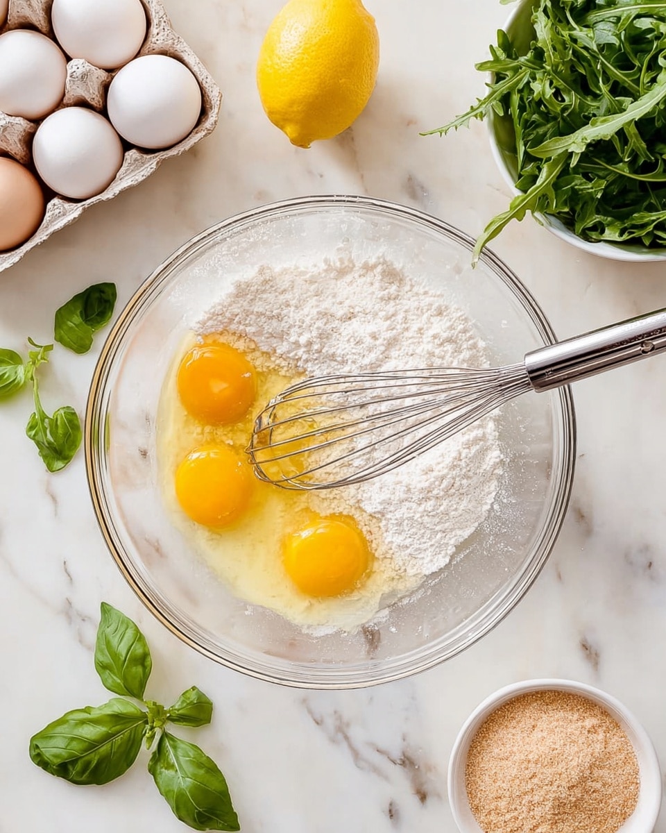 A clear glass bowl sits on a white marbled surface, holding three cracked raw eggs with bright yellow yolks, a pile of white flour, and some milk. A metal whisk with a shiny handle rests inside the bowl, partially submerged in the mixture. Around the bowl, on the white marbled background, are a cardboard carton with white eggs in the top left, a whole yellow lemon near the top center, a white bowl filled with fresh green arugula leaves on the top right, some green basil leaves at the bottom left, and a small white bowl filled with a light brown powder near the bottom center. photo taken with an iphone --ar 4:5 --v 7