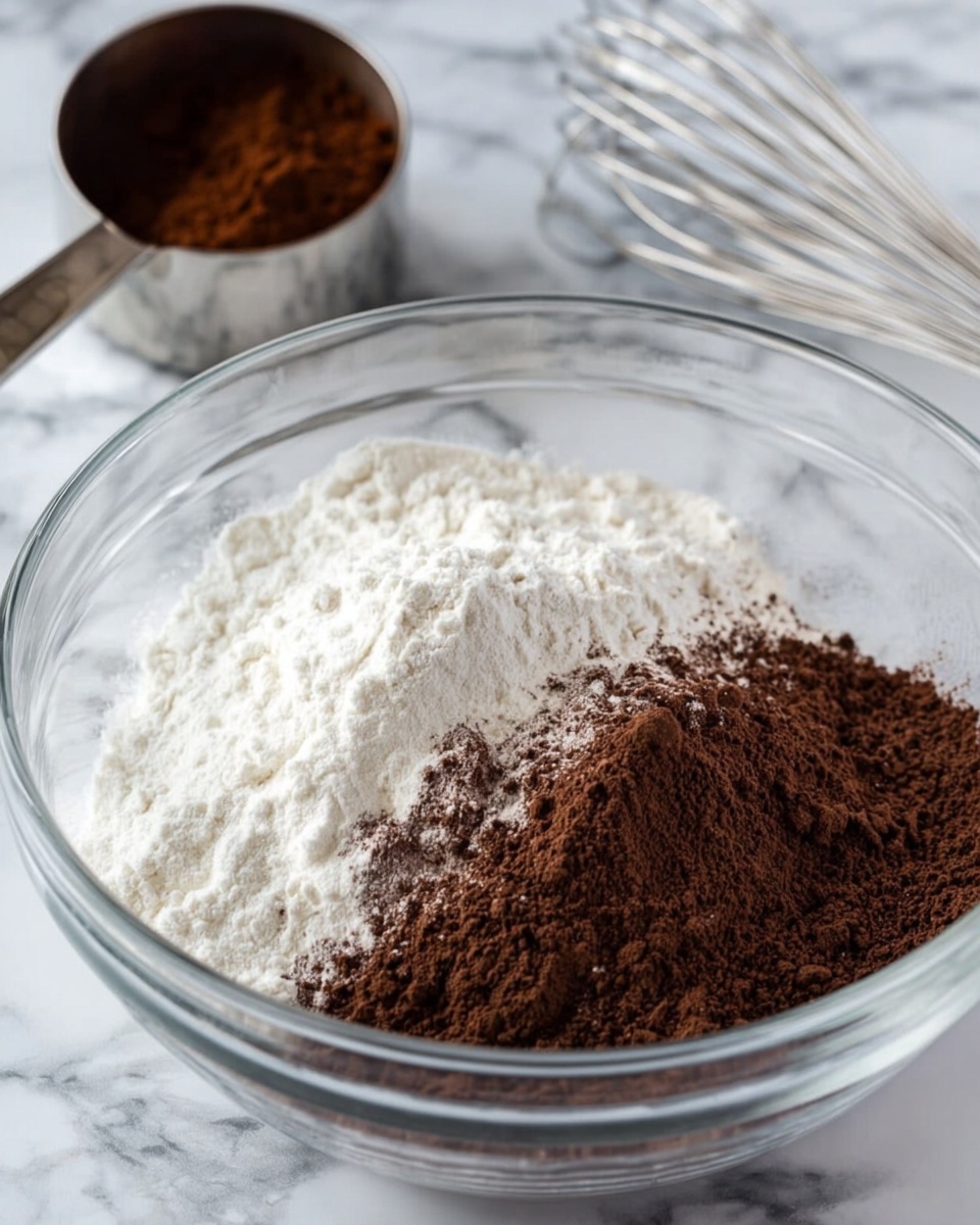 A clear glass bowl is placed on a white marbled surface filled with two main powders: a large pile of white flour on the left side and a smaller pile of dark brown cocoa powder on the right side, slightly mixed at the edges. In the background, a metal whisk lies on the marbled surface to the left, and a silver measuring cup filled with more dark brown cocoa powder is visible, slightly blurred. The overall scene is bright and clean, focusing on the dry ingredients before mixing. photo taken with an iphone --ar 4:5 --v 7