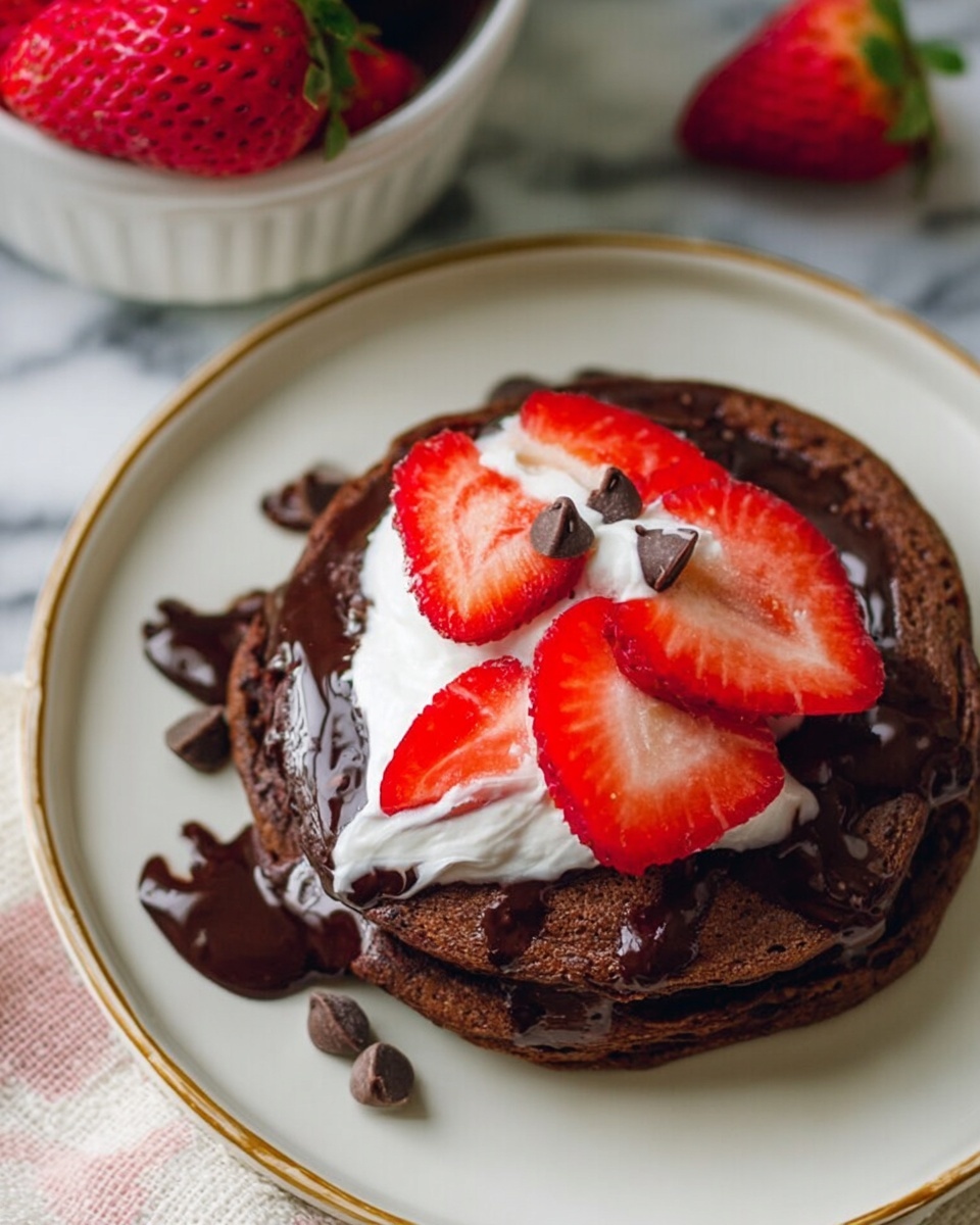 A close-up of a small stack of two dark brown chocolate pancakes on a white plate with a gold rim, resting on a white marbled surface. The pancakes have melted chocolate drizzled on top, creating shiny dark patches. There is a dollop of white whipped cream in the center, partially covered by several bright red strawberry slices with visible seeds and texture. A few small chocolate chips are scattered on the pancakes near the drip of chocolate. In the background, a white bowl filled with whole strawberries is partially visible. Photo taken with an iphone --ar 4:5 --v 7