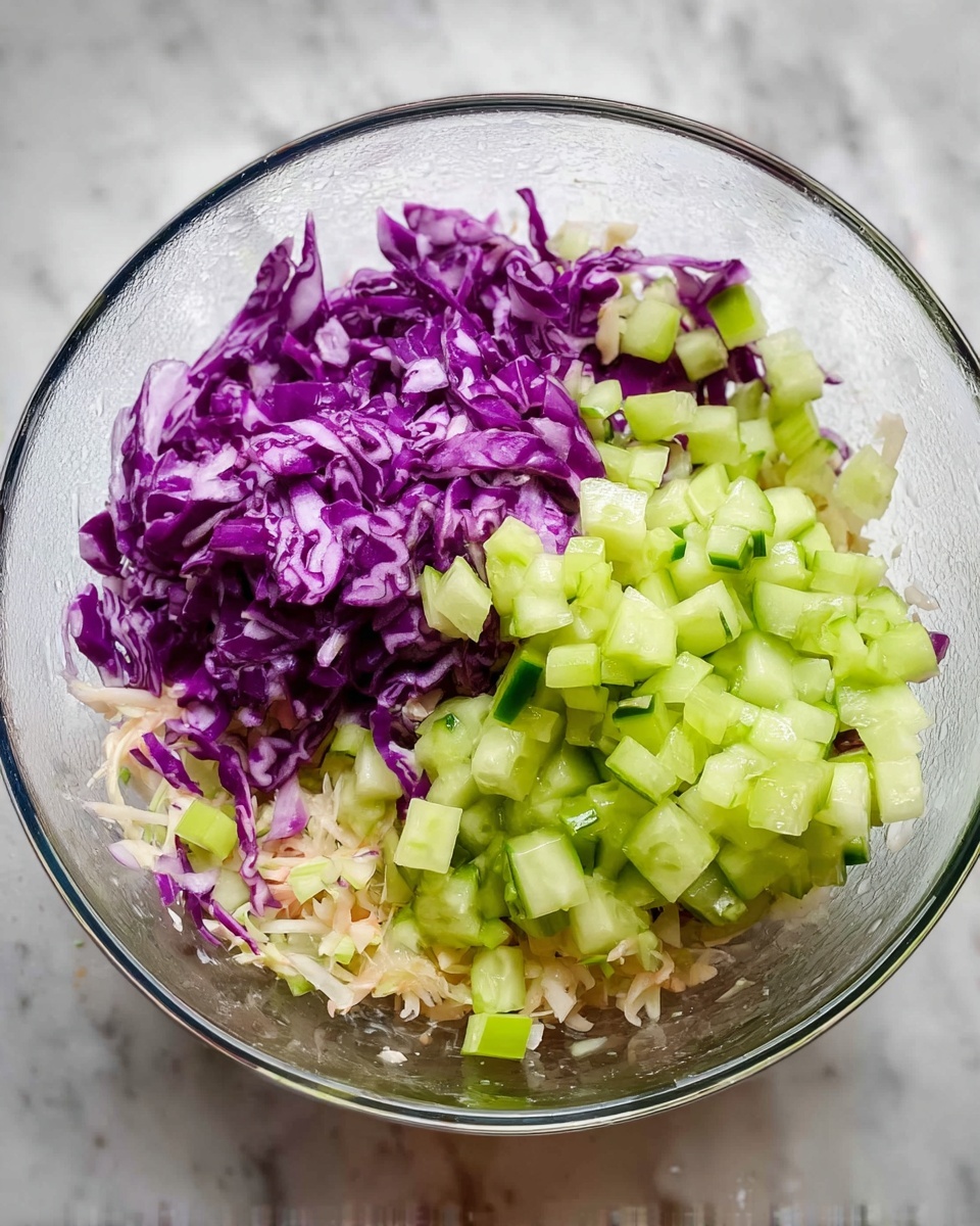 A clear bowl sits on a white marbled surface, filled with three visible layers of chopped vegetables. The bottom layer is pale beige, shredded finely. The middle layer has bright purple shredded cabbage pieces, slightly larger in size. On top, there is a generous layer of small, light green cucumber chunks scattered unevenly, showing their fresh, moist texture. The bowl’s clear glass allows all layers to be seen clearly from above. Photo taken with an iphone --ar 4:5 --v 7