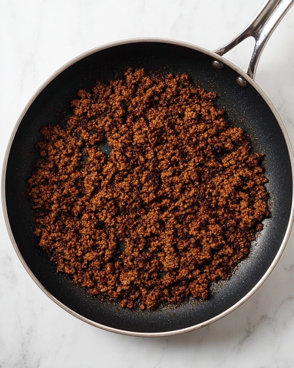 A close-up view of cooked ground meat spread evenly in a black non-stick frying pan with a silver handle, showing a dark brown color with a slightly crispy texture in some areas. The background is a white marbled texture. photo taken with an iphone --ar 4:5 --v 7