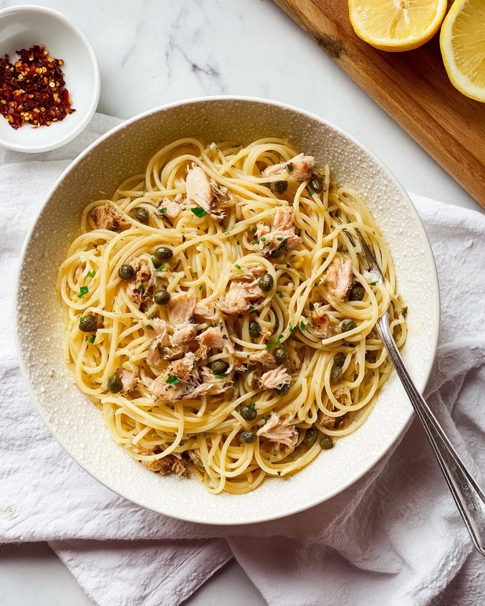 A bowl of spaghetti pasta with small pieces of light brown fish scattered evenly on top, mixed with green capers and tiny bits of green herbs throughout. The thin spaghetti noodles are pale yellow and slightly shiny, filling most of the white bowl with a textured rim. The bowl sits on a white cloth napkin placed on a white marbled tabletop. To the right side, there is a silver fork resting on the napkin and a wooden board with half a lemon and a small bowl of red chili flakes partly visible. Photo taken with an iphone --ar 4:5 --v 7