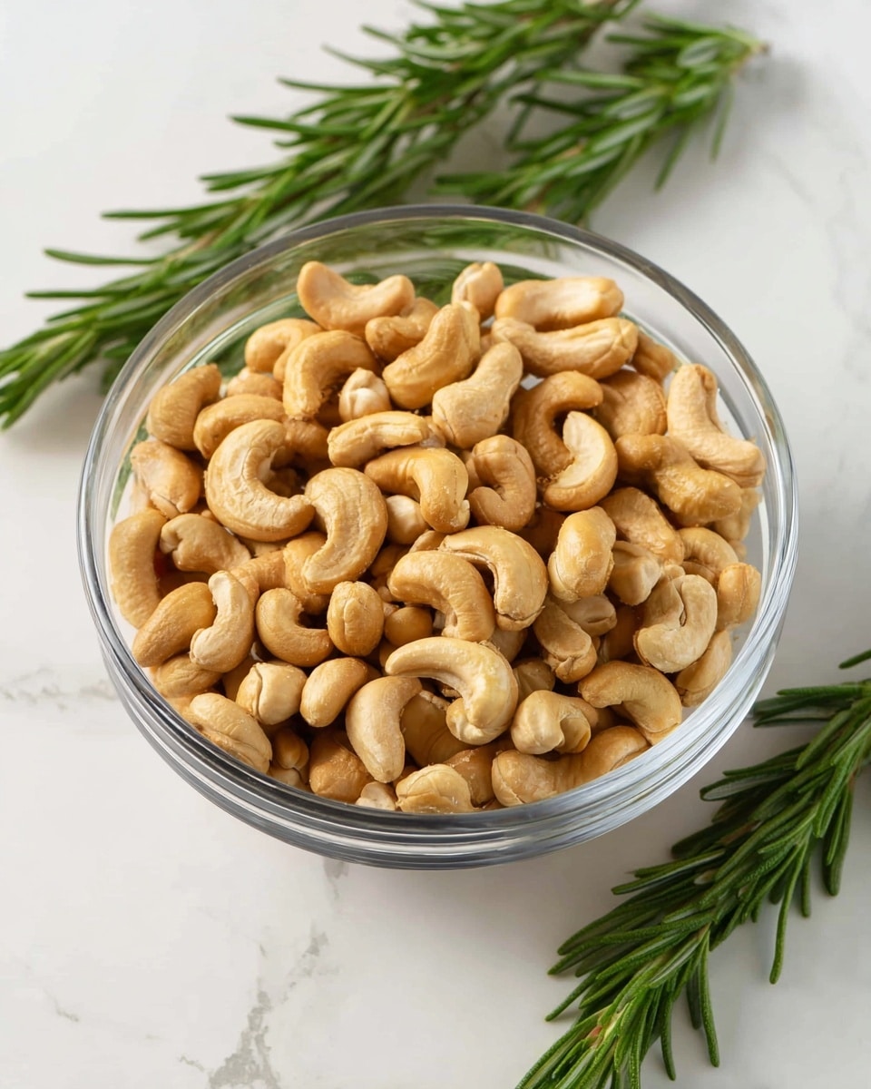 A clear glass bowl filled with a single layer of light brown cashew nuts, showing their smooth and curved shapes with slight color variations, sits on a white marbled surface. Behind the bowl, two fresh green rosemary sprigs lay diagonally, adding a touch of natural green contrast to the scene. The image is bright and clean, focusing on the texture and shape of the cashews and the fresh herbs. photo taken with an iphone --ar 4:5 --v 7