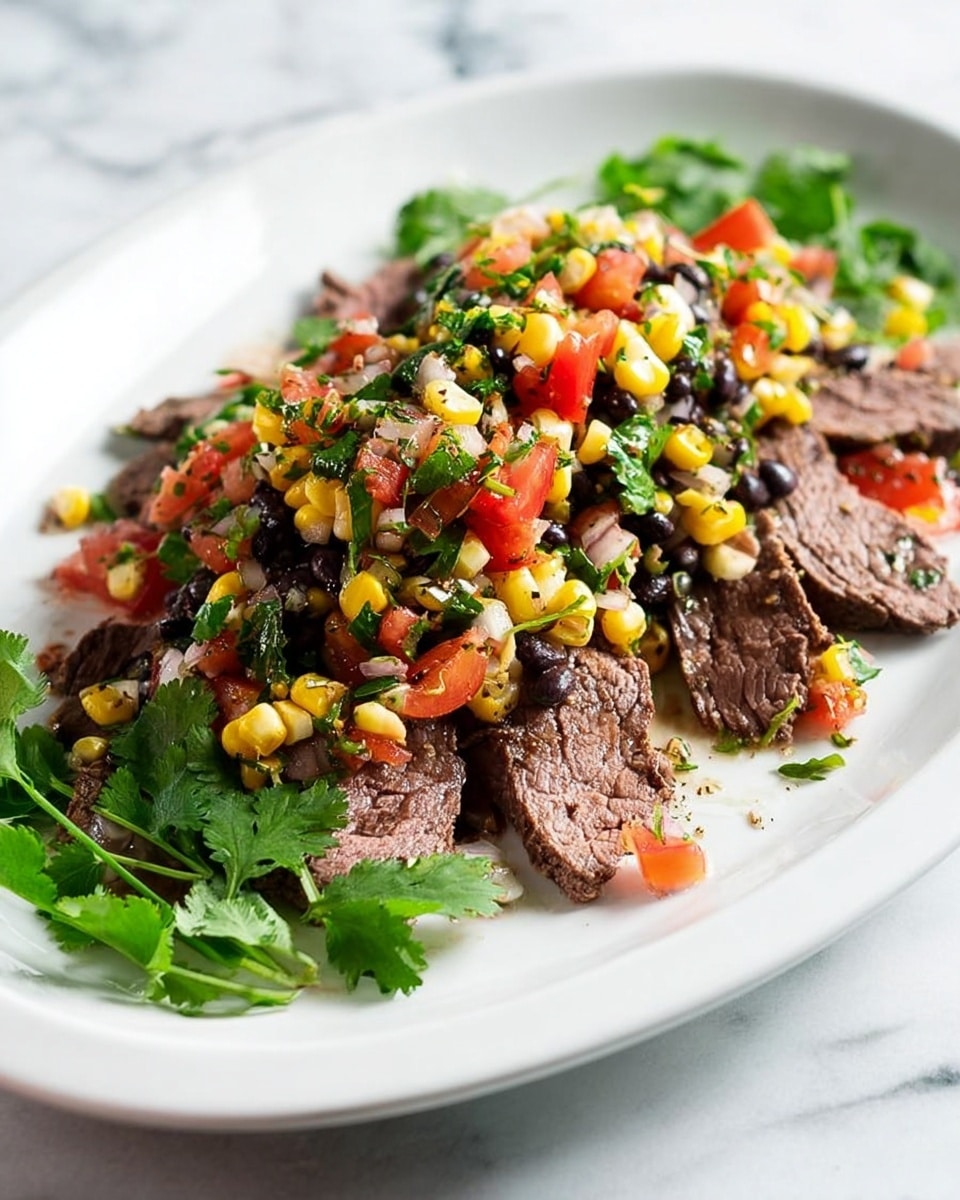 A white oval plate sits on a white marbled surface filled with several layers of food. The bottom layer consists of thin slices of cooked beef that appear juicy and tender with a light seasoning. On top of the beef, there is a colorful layer of salsa made from black beans, yellow corn, small pieces of red tomato, and finely chopped onions mixed with green herbs. Fresh green cilantro leaves are scattered on the sides of the plate, adding a bright touch. The overall look is vibrant and fresh with a balanced mix of textures and colors. photo taken with an iphone --ar 4:5 --v 7