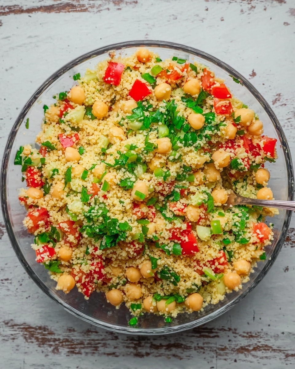 A clear bowl filled with couscous salad is shown on a white marbled surface. The salad has small yellow couscous grains as the base layer, mixed with round beige chickpeas scattered evenly throughout. Bright red diced tomatoes add color contrast, while fresh green parsley leaves and chopped green onions are sprinkled on top, giving a fresh touch. The textures range from the soft, grainy couscous to the smooth chickpeas and crisp vegetables. A silver spoon is partially visible resting inside the bowl. Photo taken with an iphone --ar 4:5 --v 7