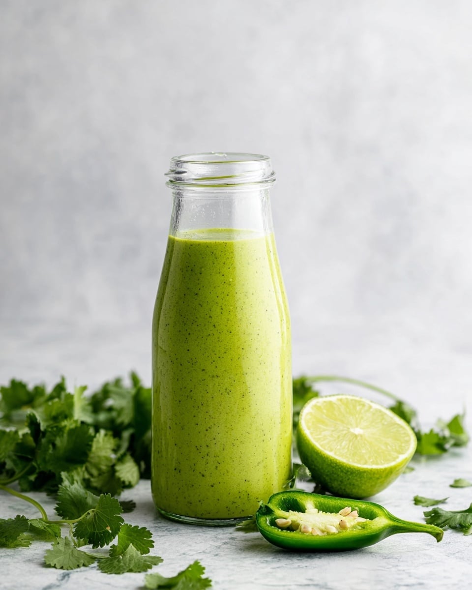 A clear glass bottle filled with a thick, bright green sauce fills most of the image. The sauce has a smooth texture with tiny dark green specks visible through the glass. The bottle is placed on a white marbled surface, surrounded by fresh green cilantro leaves scattered around. To the right of the bottle, there is a sliced green chili pepper showing seeds, and a halved lime with light green flesh and a shiny peel. The background is soft and light with a white marbled texture, giving a clean and fresh look. photo taken with an iphone --ar 4:5 --v 7
