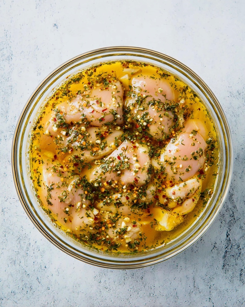 A round transparent bowl sits on a white marbled surface, filled with several pieces of light pink raw chicken submerged in a yellowish marinade. The marinade has visible green herbs, small white garlic pieces, and tiny red pepper flakes spread evenly over the chicken. The chicken pieces are arranged flat inside the bowl, covered fully by the liquid with herbs floating on top. Photo taken with an iphone --ar 4:5 --v 7