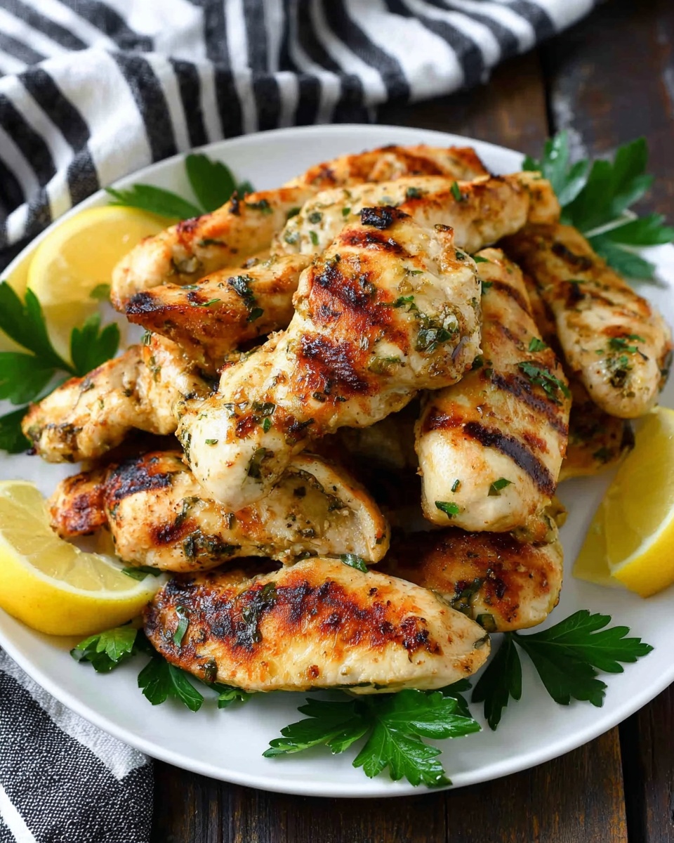 A white plate is full of ten grilled pieces of chicken, each piece golden brown with some darker grill marks and small green herb bits sprinkled on top. The chicken pieces are slightly shiny, showing they are juicy, arranged unevenly but closely packed on the plate. There are bright yellow lemon wedges tucked around the edges of the plate and a few sprigs of fresh green parsley on the side. In the background, a green leafy bunch is visible with a black and white striped cloth slightly draped near the top of the plate. The whole image is set on a white marbled surface. photo taken with an iphone --ar 4:5 --v 7