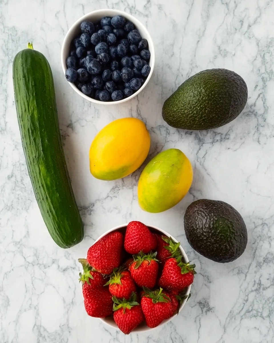 The image shows a white marbled surface with fresh fruits and vegetables arranged on it. On the top left, there is a long, dark green cucumber. Below the cucumber to the left, there is a small white bowl filled with dark blue blueberries. Near the center, there are two yellow mangoes placed close together, and on the top right, two dark green avocados are side by side. At the bottom center, a white bowl contains bright red strawberries with green leafy tops. The image is bright and clear, photo taken with an iphone --ar 4:5 --v 7