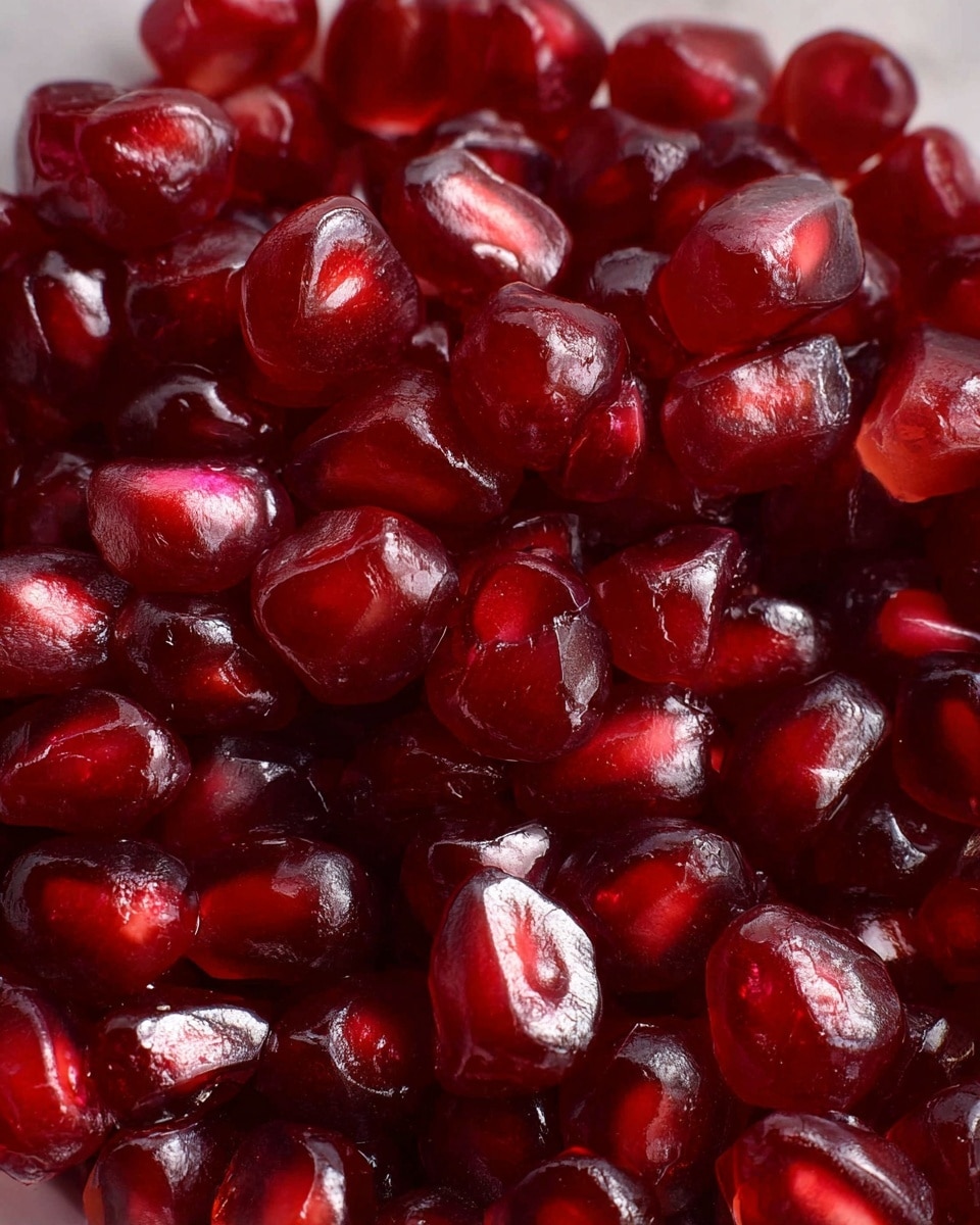 A close-up of many shiny, deep red pomegranate seeds filling the frame, showing their translucent, juicy texture with small highlights reflecting light on each seed, sitting in a white bowl with a white marbled background photo taken with an iphone --ar 4:5 --v 7