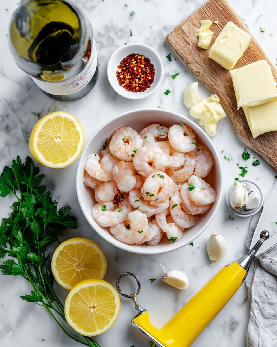 The image shows a white bowl filled with peeled pink shrimp arranged in layers, piled up to fill the bowl entirely. Around the bowl, there are three lemon halves with bright yellow color, fresh green parsley leaves scattered, and a white small dish containing red pepper flakes. On the white marbled surface, there are several garlic cloves near a metal garlic press, a few butter pieces arranged on a wooden board, and a green wine bottle standing upright. A yellow lemon squeezer is also placed nearby, completing the fresh and simple seafood preparation scene. Photo taken with an iphone --ar 4:5 --v 7