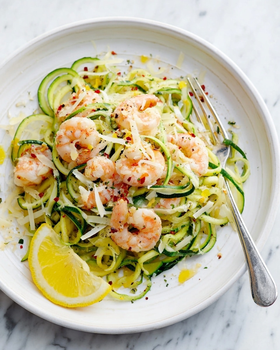 A white plate holds a dish with spiral-shaped green zucchini noodles forming the main layer in the center. Mixed throughout and on top are several pink-orange shrimp, lightly cooked and scattered evenly. Thin white shavings of cheese are scattered across the noodles and shrimp. Small black pepper flakes and tiny yellow zest bits are sprinkled on top and around the plate. A bright yellow lemon wedge sits on the lower left of the plate. A silver fork rests on the upper side of the plate, with the plate placed on a white marbled surface. photo taken with an iphone --ar 4:5 --v 7