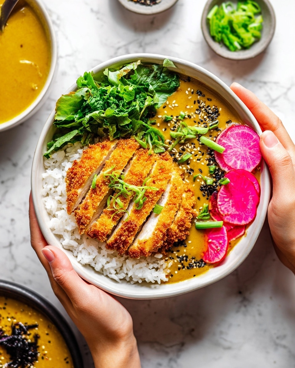A white bowl is held by a woman's hands, filled with white rice as the base layer. On top of the rice, there is a golden-brown breaded sliced piece of chicken placed in the center. To the left, fresh green leafy vegetables add a bright contrast. On the right, pickled pink radish slices sit beside a smooth yellow curry sauce sprinkled with black and white sesame seeds and topped with thin green onion slices. The bowl rests on a white marbled surface with small dishes of green onions and pickled radish visible in the background. photo taken with an iphone --ar 4:5 --v 7