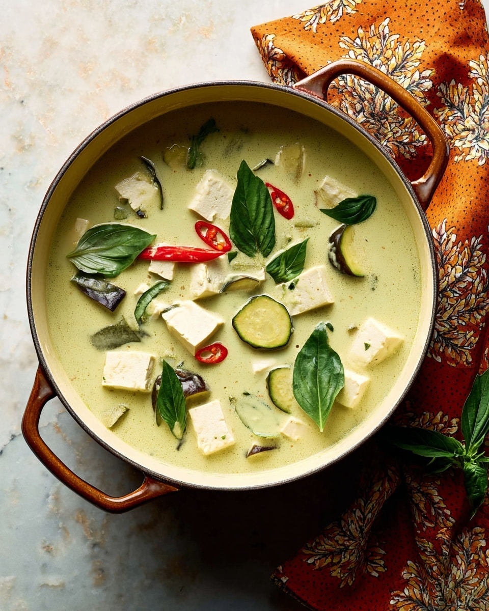 A deep white pot filled with creamy light green soup that has soft white tofu cubes spread through it. There are fresh dark green basil leaves and round slices of red chili floating on top. Thin round slices of green eggplant float in the soup, adding texture. The pot sits on a white marbled surface with a folded orange and brown floral cloth beside it. Photo taken with an iphone --ar 4:5 --v 7