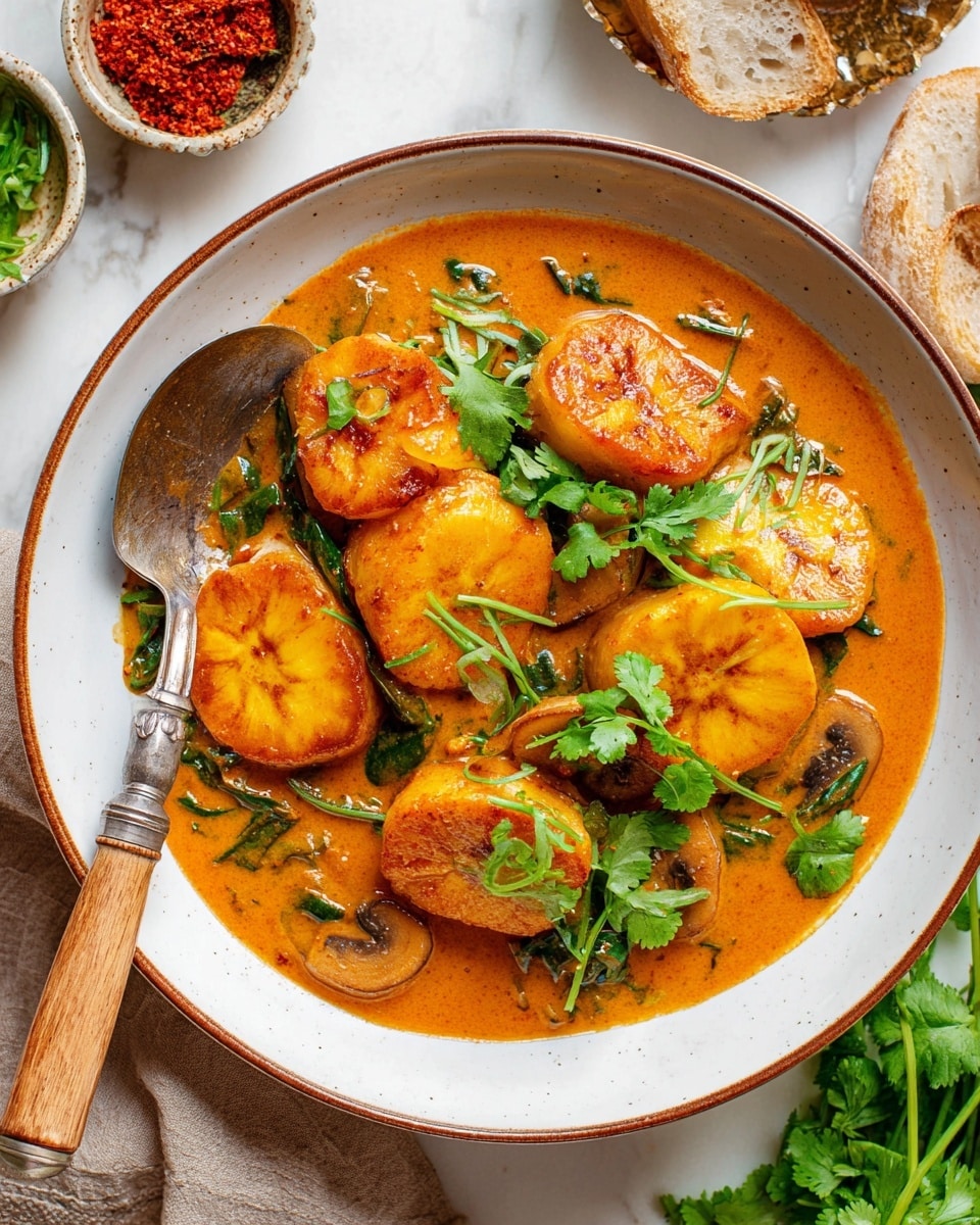 A white bowl with a thin brown rim contains five golden-yellow sweet plantain slices and four pieces of soft yellow tofu, all soaked in a rich orange curry sauce with a smooth texture. The dish is garnished with bright green cilantro leaves and some scattered fresh spinach leaves. There are small mushroom slices visible floating in the sauce. A silver spoon with a wooden handle rests inside the bowl at the left side. Around the bowl, there is a small dish with two types of red pastes and another dish with more green cilantro zest. Fresh cilantro sprigs and a piece of crusty bread are on a white marbled surface near the bowl. photo taken with an iphone --ar 4:5 --v 7