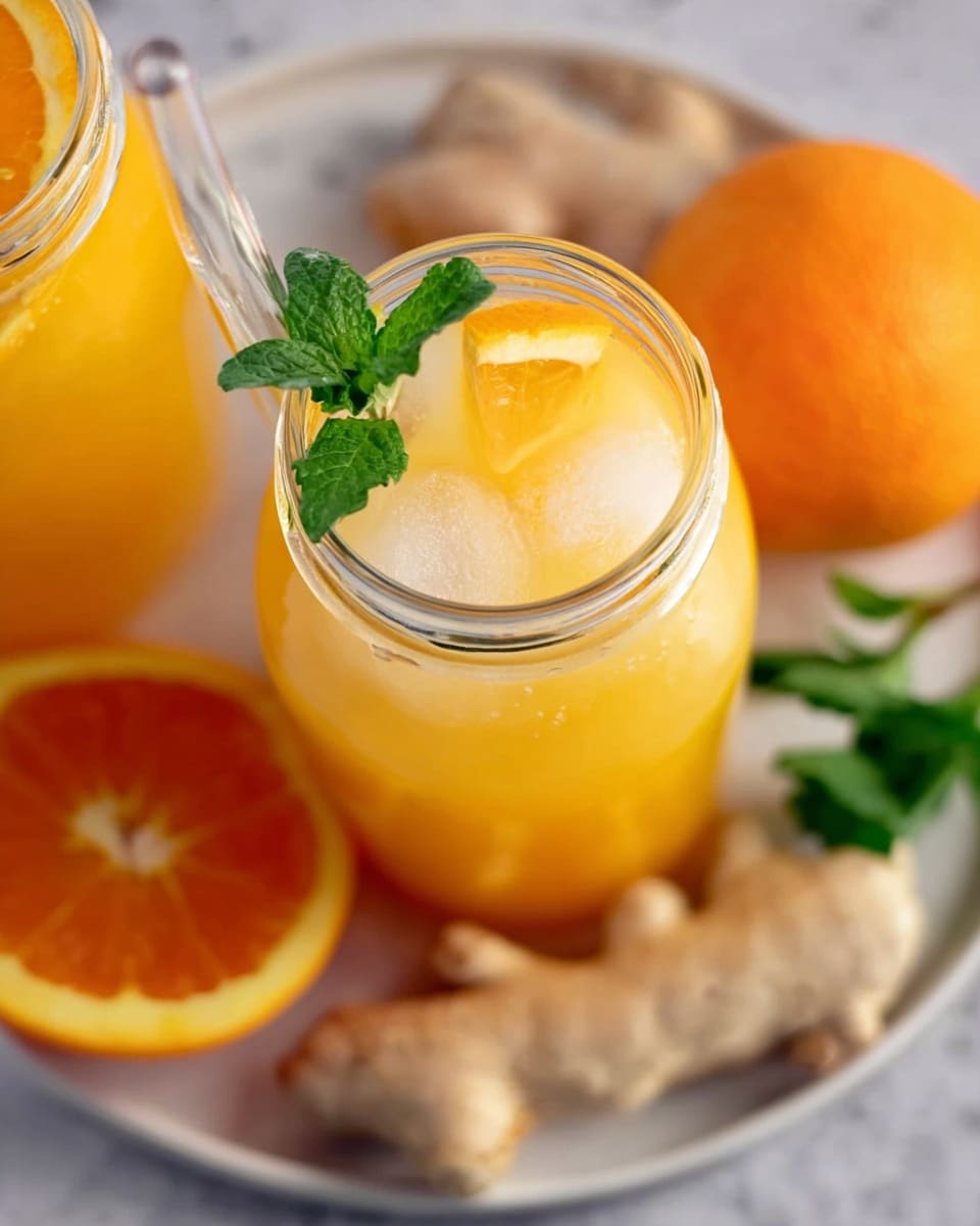 This image shows two glass jars filled with bright orange juice placed on a white plate with a white marbled texture background. The jar in the front has ice cubes, a slice of orange, and a green mint leaf floating on top with a clear straw inside. The second jar, partially in view, is filled with orange juice. Surrounding the jars are pieces of fresh ginger root and a whole orange cut in half, showing its vibrant orange inside. The scene is bright and fresh, with a natural and healthy feel. Photo taken with an iphone --ar 4:5 --v 7