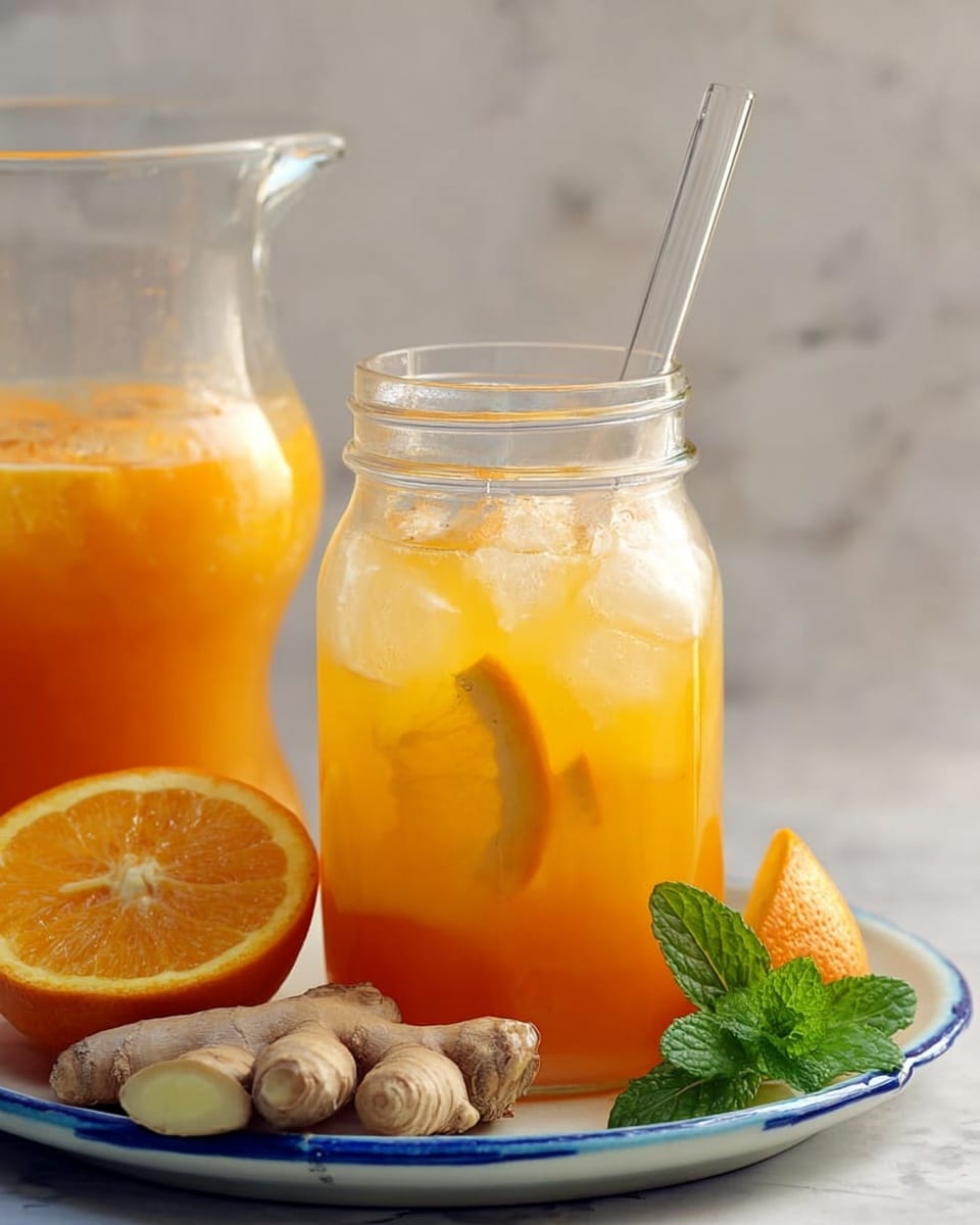 A clear glass jar filled with a bright orange drink layered with visible ice cubes and an orange slice inside, topped with a clear straw. The jar sits on a white plate with blue edges, which also holds fresh ginger root, a few ginger slices, a green mint leaf, and a half orange next to it. Behind the jar is a partially visible clear glass pitcher containing more of the orange drink. The background is a white marbled texture. photo taken with an iphone --ar 4:5 --v 7