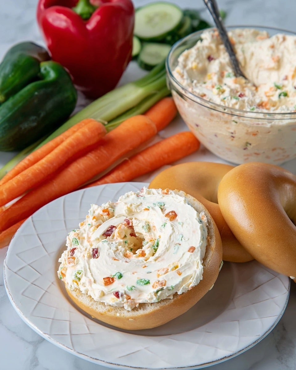 A close-up of one white toasted bagel sliced in half with the top half spread with a thick layer of creamy, white vegetable cream cheese mixed with small orange, green, and red bits. The bagel sits on a white plate with a diamond pattern around the edge. To the right of the plate, two whole plain white bagels are stacked. Behind the bagel is a large glass bowl filled with the same vegetable cream cheese, with a metal spoon in it. On the left side, fresh vegetables including a shiny red bell pepper, several orange carrots with green tops, slices of cucumber, chopped green onions, and a whole jalapeño chili are placed on a white marbled surface. The photo taken with an iphone --ar 4:5 --v 7