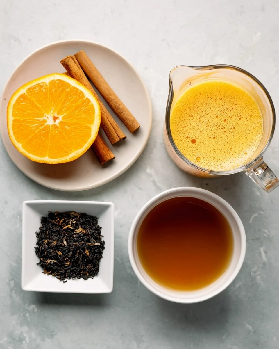 The image shows four main items on a white marbled surface: on the left, a white plate holds a bright orange half with visible juicy segments and two brown cinnamon sticks beside it, both smooth and matte. Towards the top right, a clear glass measuring cup filled with a frothy, yellow-orange liquid is placed, showing a spout and handle. Below that, a small white bowl contains a dark amber liquid with a smooth surface, and next to it on the left is a small white square bowl filled with dry black tea leaves that look curled and rough. photo taken with an iphone --ar 4:5 --v 7