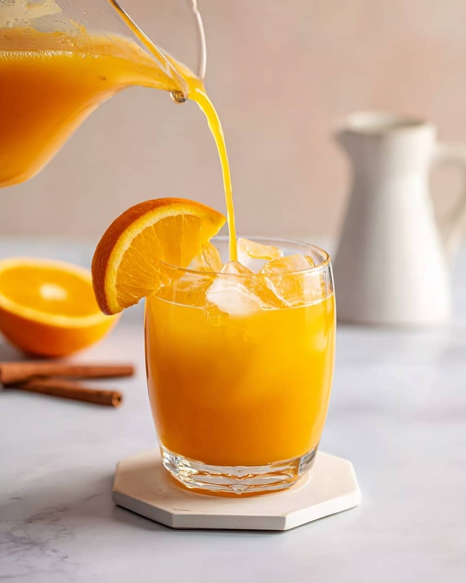 A short clear glass filled with bright orange juice and three visible ice cubes, with a large orange slice resting on the rim. The juice is being poured from a clear pitcher above, creating a smooth stream into the glass. The glass sits on a white hexagonal coaster placed on a white marbled surface. In the blurred background, a white ceramic jug and two cinnamon sticks lie next to a half orange. The setting is light and warm. Photo taken with an iphone --ar 4:5 --v 7