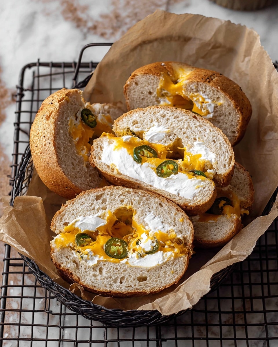 The image shows three halves of a bagel sandwich placed on brown parchment paper inside a black wire basket. Each bagel has two layers: a soft beige bread outer layer with a slightly rough texture and a thick white creamy cheese filling in the middle. The top of the bagels has melted yellow cheddar cheese sprinkled with slices of green jalapeño peppers, adding a textured and colorful contrast to the soft bread. The basket sits on a white marbled surface with a cooling rack pattern visible beneath it. Photo taken with an iphone --ar 4:5 --v 7
