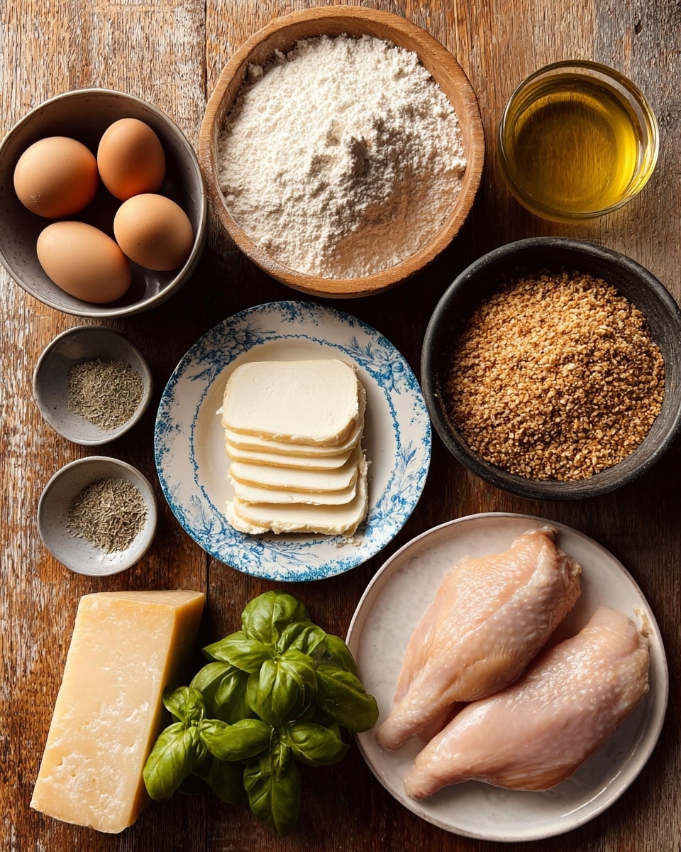 The image shows raw food ingredients arranged on a wooden surface. There are two raw chicken pieces on a white plate at the bottom right, and to the left of that, five slices of white cheese neatly placed on a white plate with blue patterns. Above the chicken is a round wooden bowl filled with white flour. To the right of the flour bowl is a dark bowl filled with brown breadcrumbs. Above that is a small glass bowl of golden oil, and to the left of the oil is a small grey dish with dried herbs and garlic powder. In the top left corner is a grey bowl holding three brown eggs, and next to it on the right is a small bunch of fresh green basil leaves. Below the eggs is a wedge of hard cheese with a textured rind. All the items rest on a white marbled texture surface. photo taken with an iphone --ar 4:5 --v 7
