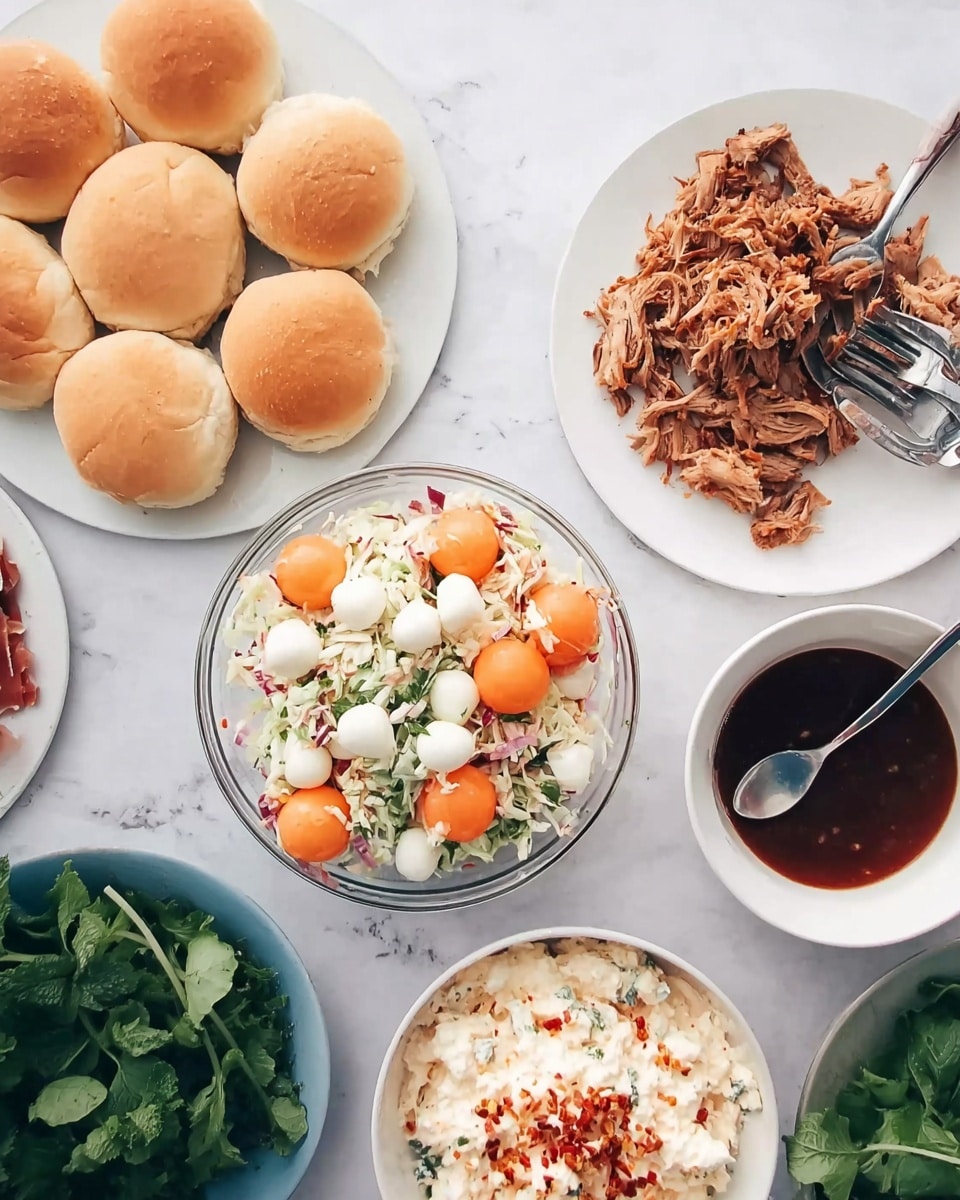 The image shows a white marbled surface with several white plates and bowls containing food arranged in a casual style. In the top left, there is a white plate holding five round bread rolls with light brown tops. To the right, another white plate holds shredded meat with a fork resting on it. Below, a clear bowl holds coleslaw with visible shredded cabbage and carrots, with a spoon inside. Another bowl contains a salad made of orange melon balls, small mozzarella balls, pieces of green herbs, and slices of prosciutto. There is also a white bowl with a dark brown sauce and a spoon inside. Partially visible at the bottom center is a bowl with a creamy dish topped with red bits, and to the bottom right, a bunch of green leafy vegetables. The overall scene is bright and airy with a clean presentation, photo taken with an iphone --ar 4:5 --v 7