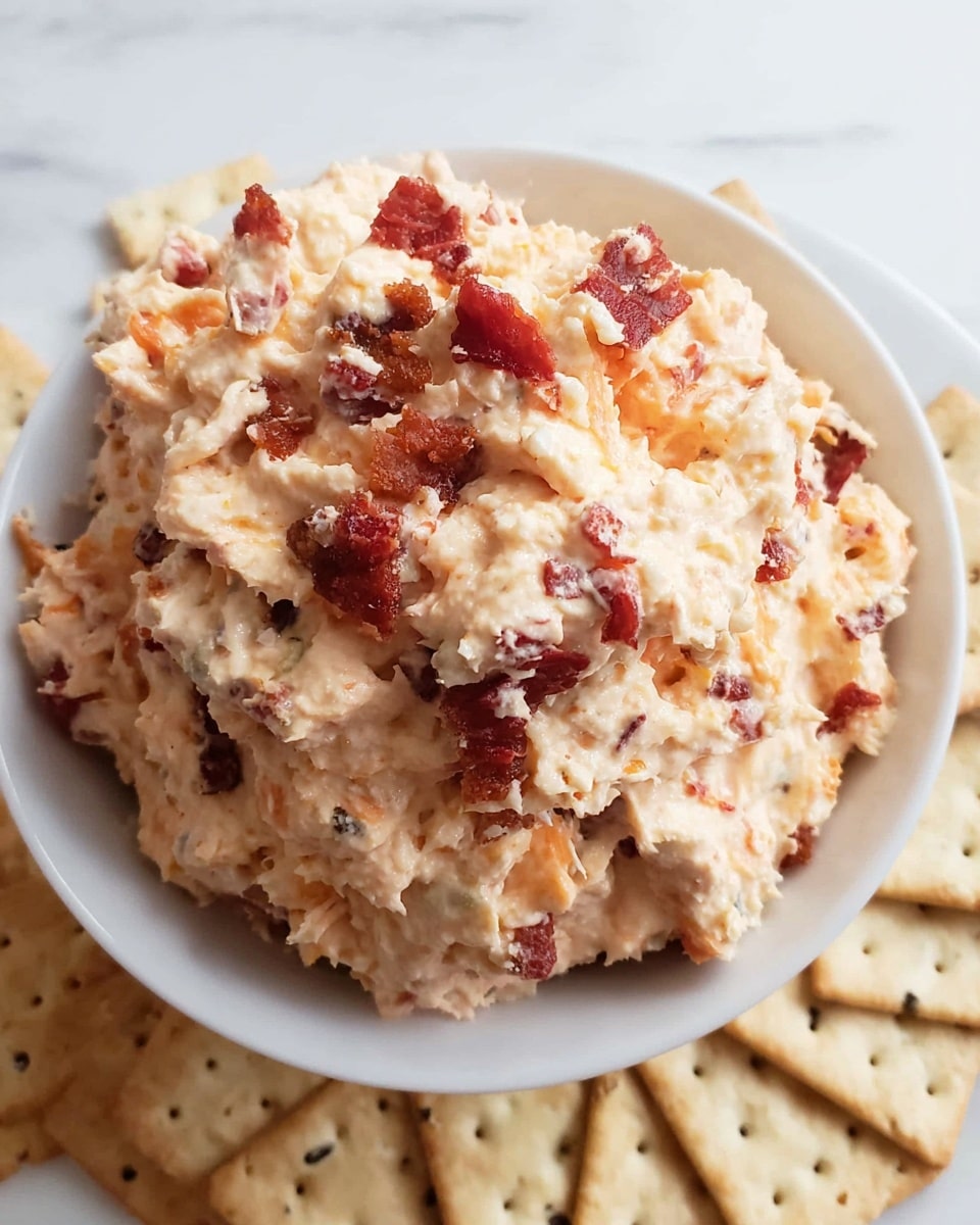 A close-up view of a white bowl filled with a creamy, chunky spread that has a pale orange base mixed with small bright red pieces and darker brown bits scattered throughout. The spread looks thick and slightly textured, piled high above the rim of the bowl. Around the bowl, there are light beige, square-shaped crackers with visible seeds or grains on them. The bowl is placed on a flat surface with a white marbled texture. photo taken with an iphone --ar 4:5 --v 7