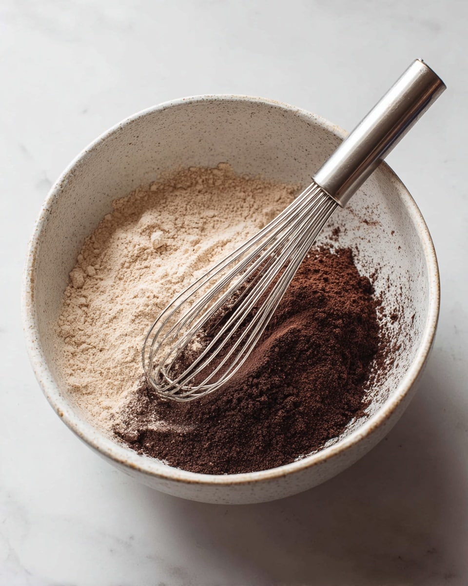 A white bowl with a textured surface holds dry ingredients for baking, with two main layers visible: a light beige powder on the left side and a dark brown powder on the right side. A silver metal whisk leans inside the bowl, resting across both layers. The bowl sits on a white marbled surface that adds a soft background to the scene. The lighting softly highlights the textures of the powders and the fine wires of the whisk. photo taken with an iphone --ar 4:5 --v 7