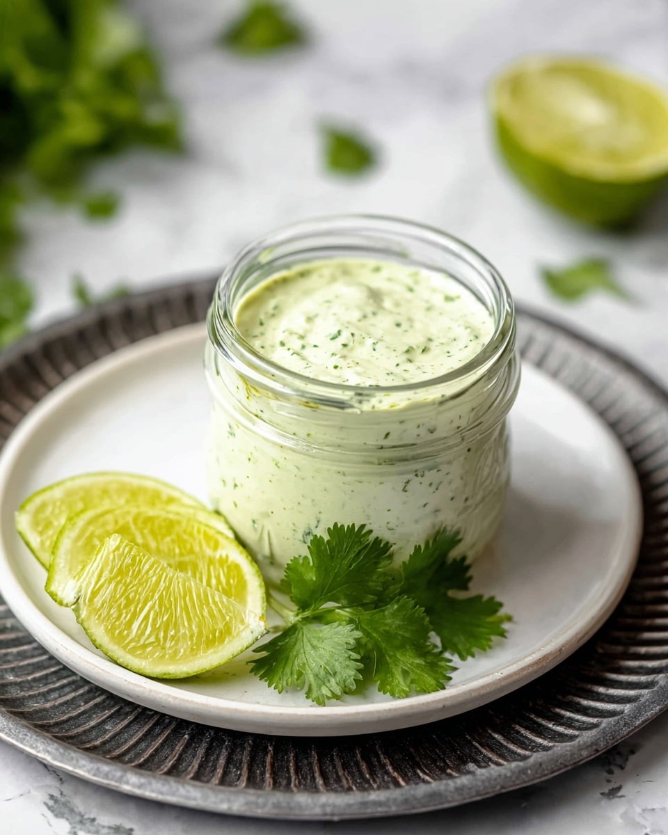A small clear glass jar filled with creamy light green sauce with visible green herb specks inside sits centered on a white round plate. On the plate, next to the jar, are two thin lime slices stacked and a bright green cilantro leaf resting near them. The plate is placed on a round dark metal tray with a ridged edge. The whole setup is on a white marbled surface with scattered green cilantro leaves and a halved lime in the blurred background. Photo taken with an iphone --ar 4:5 --v 7