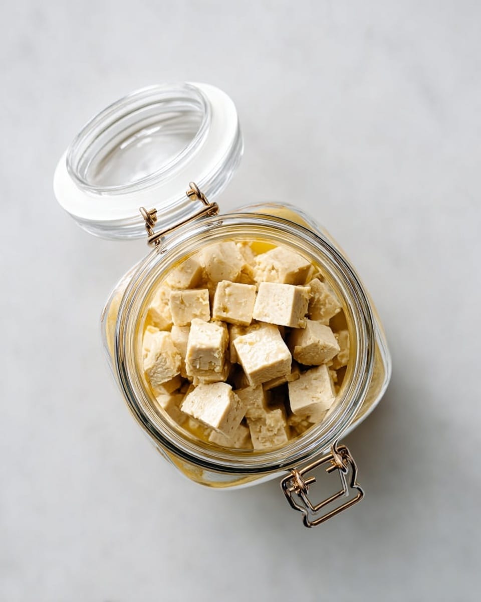 A clear glass jar with a hinged lid open wide, filled with small beige cubes of tofu coated lightly in a yellow sauce, is placed on a white marbled surface. The tofu cubes have a soft texture and are stacked loosely inside the jar, filling it halfway. The jar is seen from above, showing the round shape and the clear lid resting at an angle behind it. Photo taken with an iphone --ar 4:5 --v 7