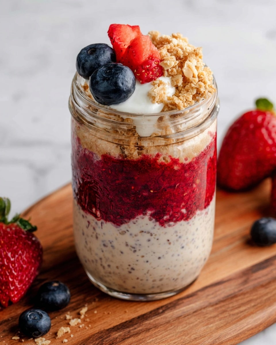 The image shows a clear jar filled with three main layers: the bottom layer is a bright red berry compote with a slightly chunky texture, the middle layer is a thick, creamy mixture with small dark specks, and the top layer is decorated. On top, there are three parts—the left side has two whole dark blue blueberries, the middle has small red strawberry pieces with a white dollop of creamy yogurt beside them, and the right side has a crumbly light brown granola cluster. The jar sits on a wooden board with some whole strawberries and blueberries around it, all set on a white marbled texture. Photo taken with an iphone --ar 4:5 --v 7