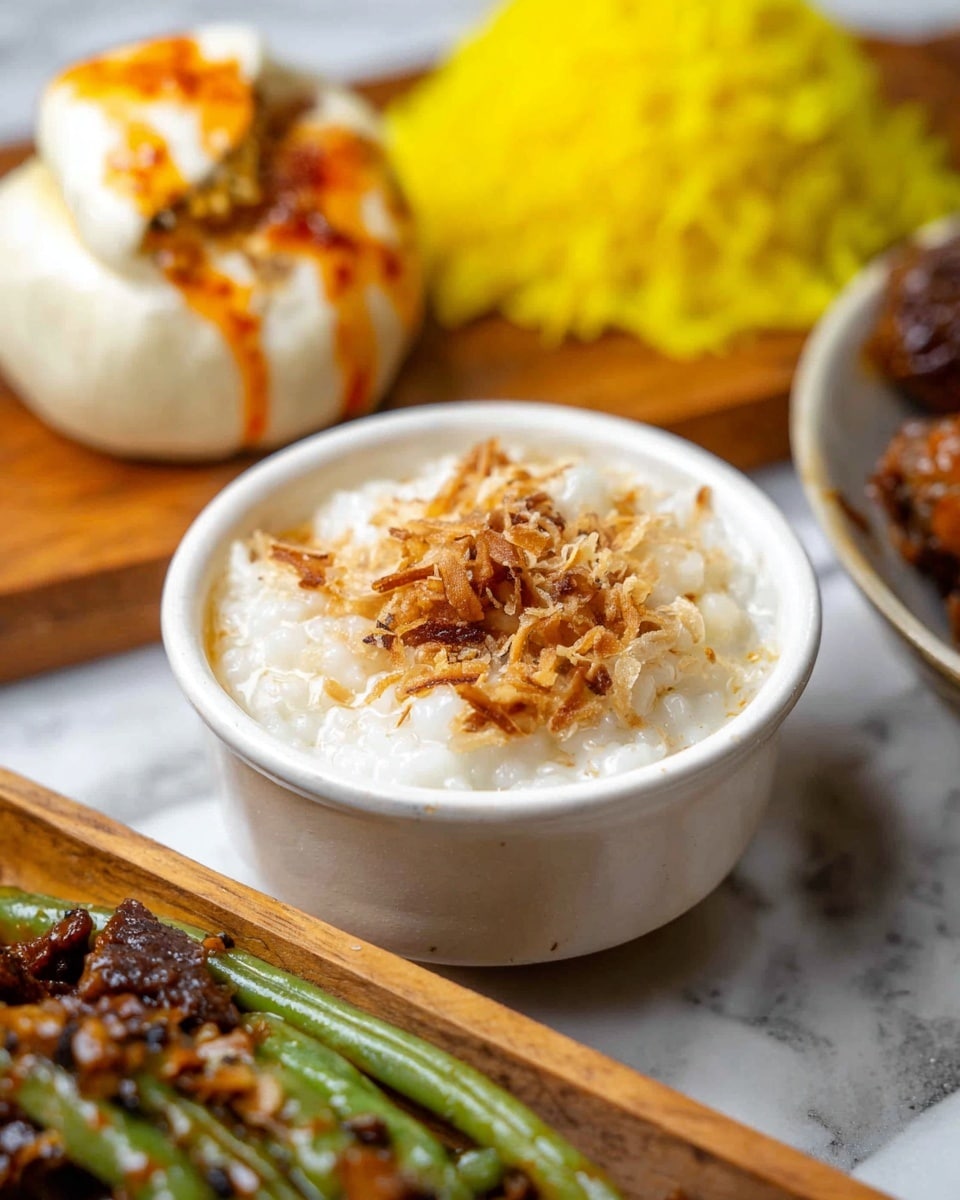 A white bowl filled with creamy white rice pudding topped with toasted brown coconut flakes sits in the foreground. Behind it, there is a white steamed bun slightly open to show dark filling inside and an orange sauce drizzle on its surface. To the right, green beans mixed with chunky orange sauce rest on a wooden board along with a mound of bright yellow rice and some pieces of brown meat. All items are placed on a white marbled surface. Photo taken with an iphone --ar 4:5 --v 7