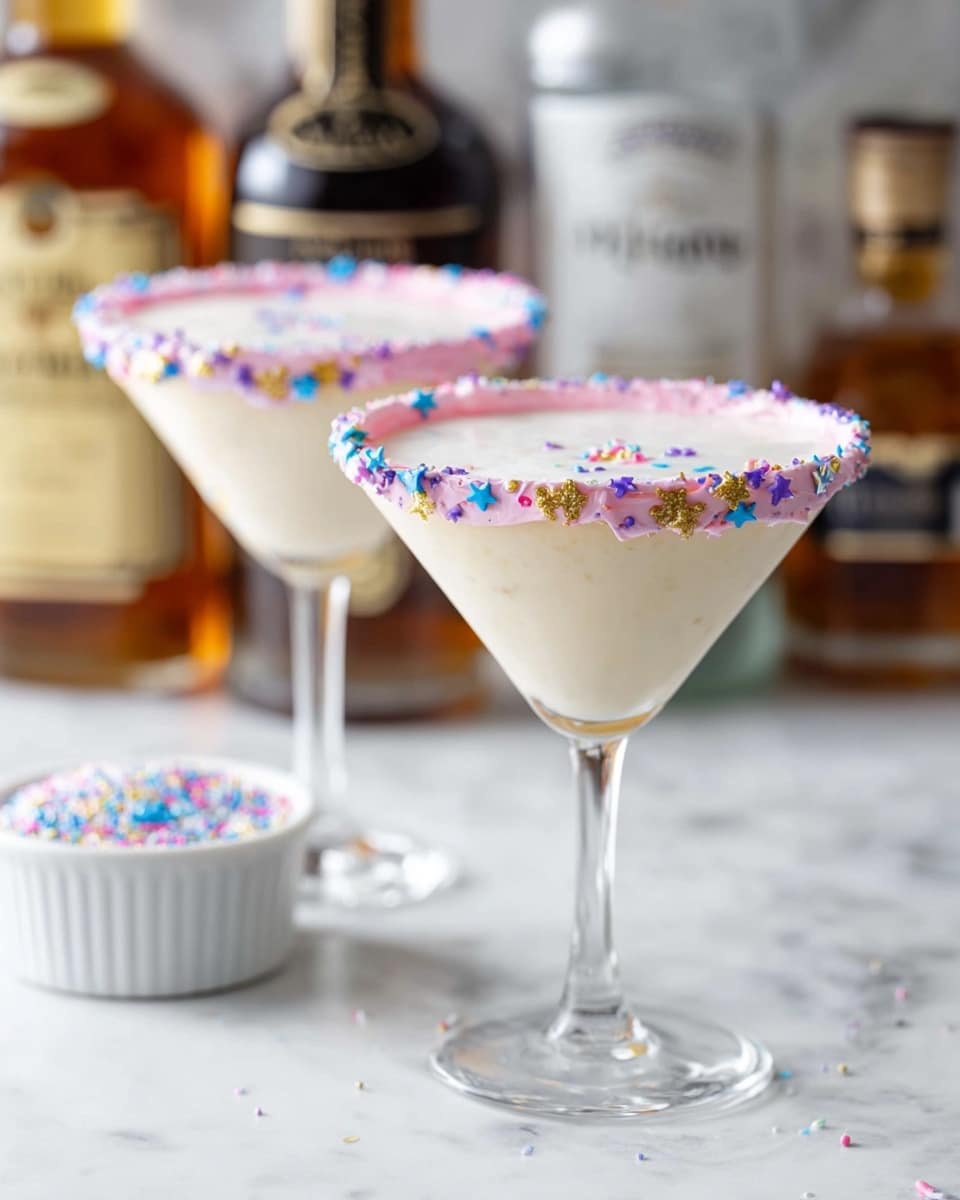 The image shows two creamy white cocktails in clear martini glasses, each with a rim decorated in pink frosting and colorful sprinkles including blue, purple, and gold star shapes. The cocktails have a smooth texture and fill the glasses nearly to the top. In the background, several blurred liquor bottles add depth, set on a white marbled surface. One glass is positioned slightly in front and to the left of the other, creating a pleasing layered effect. A small white bowl with similar sprinkles is visible on the left side of the frame, enhancing the festive look. photo taken with an iphone --ar 4:5 --v 7