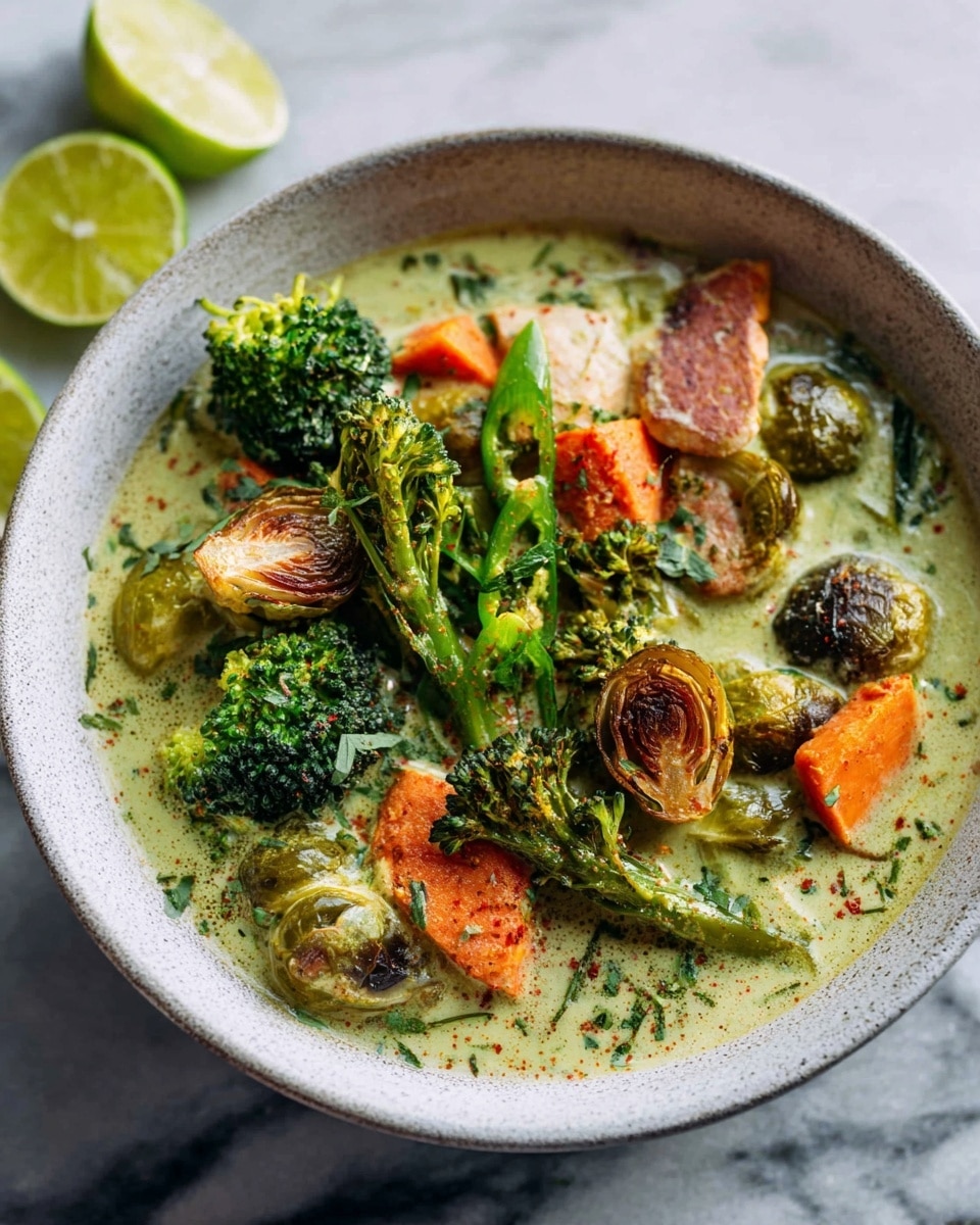 A bowl filled with a creamy green curry base holds various vegetables arranged in layers: bright green broccoli florets, roasted Brussels sprouts with a slight char on top, orange sweet potato chunks, and green chili peppers, all mixed with green leafy herbs that float over the curry surface. The curry looks thick and textured, with small bits of ground spices sprinkled throughout. The bowl is white with a slightly rough texture, placed on a white marbled surface with sliced lime pieces nearby. The lighting highlights the fresh, vibrant colors of the vegetables, giving the dish a rich and hearty appearance photo taken with an iphone --ar 4:5 --v 7