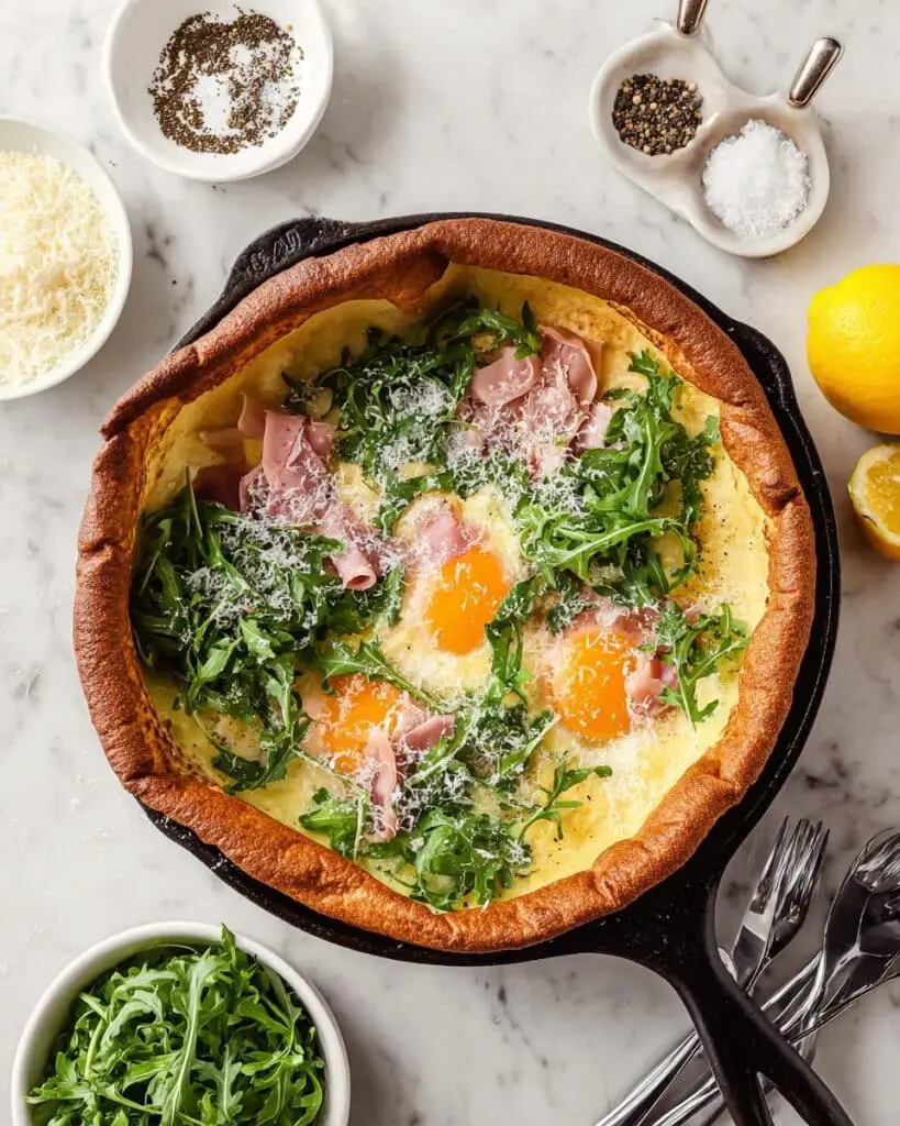 Savory Dutch Baby with Fried Eggs, Ham, and Arugula Recipe